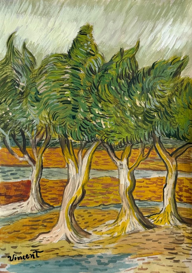 Vincent Van Gogh Dutch (Mixed Media on Paper Painting) In the style of: Mixed media painting on paper, rendered in the style of Vincent Van Gogh. Measures: 8.5” x 12” Inches aprox. Provenance: Private Collection."In the style of" means after the artist. Van Go
