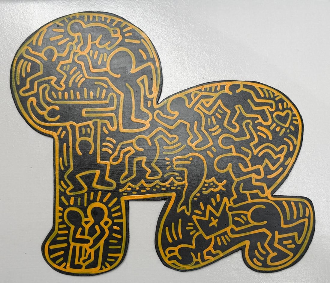 Keith Haring (Acrylic on wood Painting) In the style of: Acrylic on wood painting, rendered in the style of Keith Haring. Measures: 10” x 11.5” Inches aprox. Provenance: Private Collection N.Y."In the style of" means after the artist. Haring (04