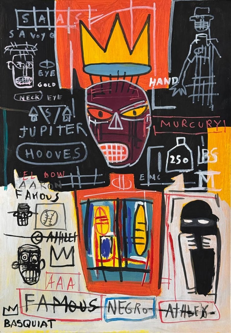 Jean-Michel Basquiat (Mixed media on Paper Painting) In the style of: Mixed media painting on paper, rendered in the style of Jean-Michel Basquiat. Measures: 8.5” x 12” Inches aprox. Provenance: Private Collection N.Y."In the style of" means after the artist