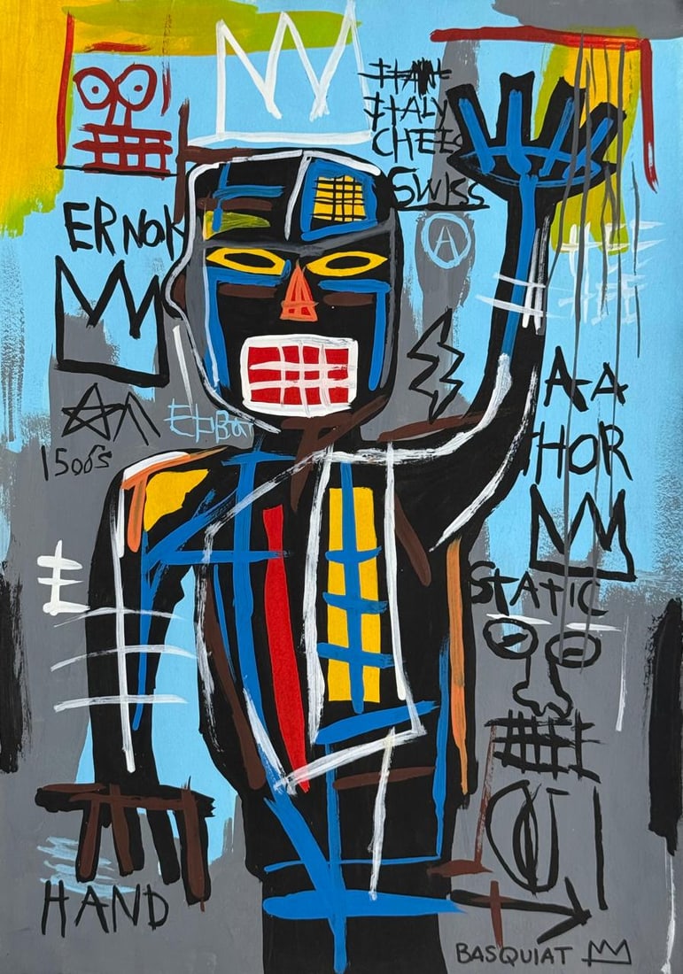 Jean-Michel Basquiat (Mixed media on Paper Painting) In the style of: Mixed media painting on paper, rendered in the style of Jean-Michel Basquiat. Measures: 8.5” x 12” Inches aprox. Provenance: Private Collection N.Y."In the style of" means after the artist