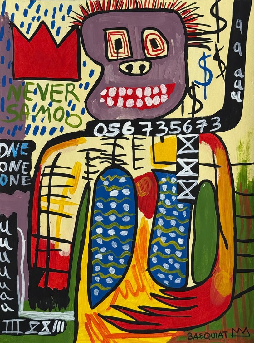 Jean-Michel Basquiat (Mixed media on Paper Painting) In the style of: Mixed media painting on paper, rendered in the style of Jean-Michel Basquiat. Measures: 8” x 11” Inches aprox. Provenance: Private Collection N.Y."In the style of" means after the artist. 