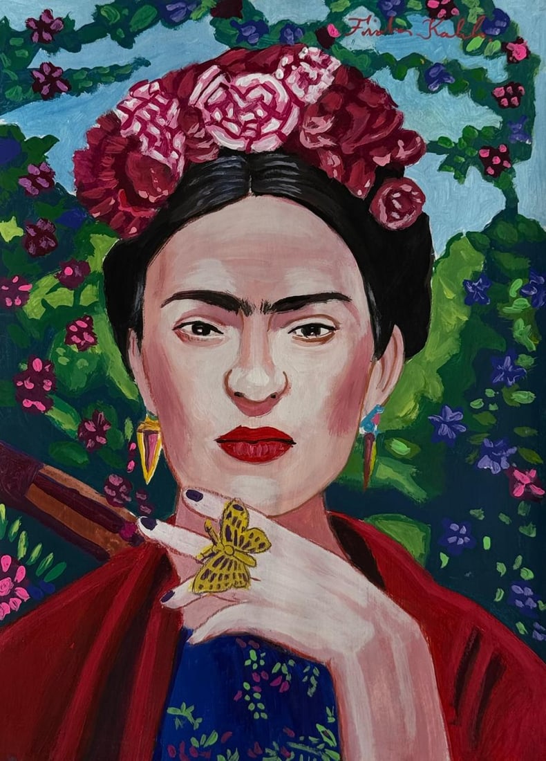 Frida Kahlo Mexican (Mixed media on Paper Painting) In the style of (1 of 4)
