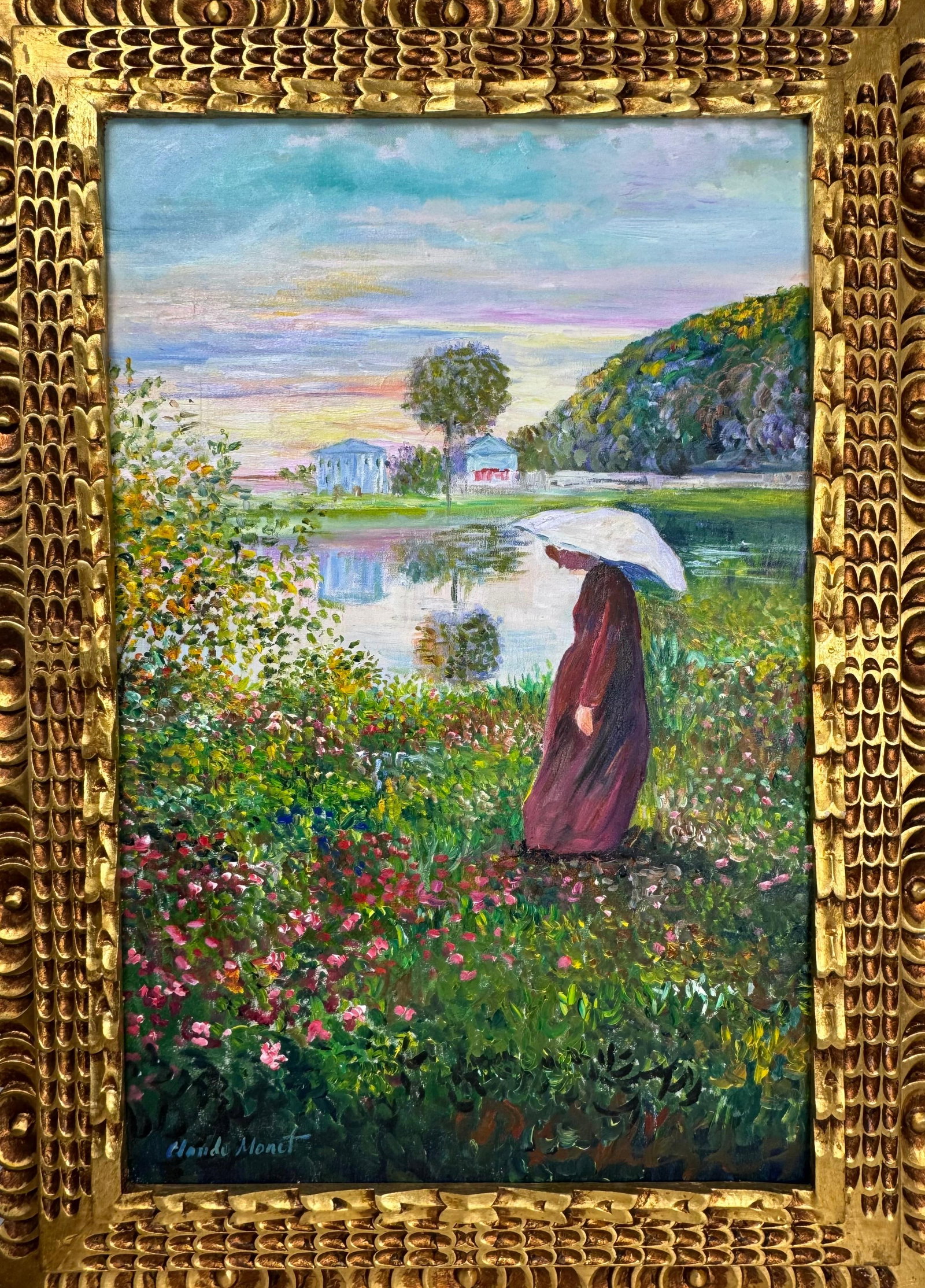 Claude Monet French (Oil on Canvas Painting) in the style of: Rendered in the style of Claude Monet. Technique: Oil on Canvas painting. Measures: 21" x 29" Inches aprox. Provenance: Private collection. "In the style of" means after the artist. The artwork is fra