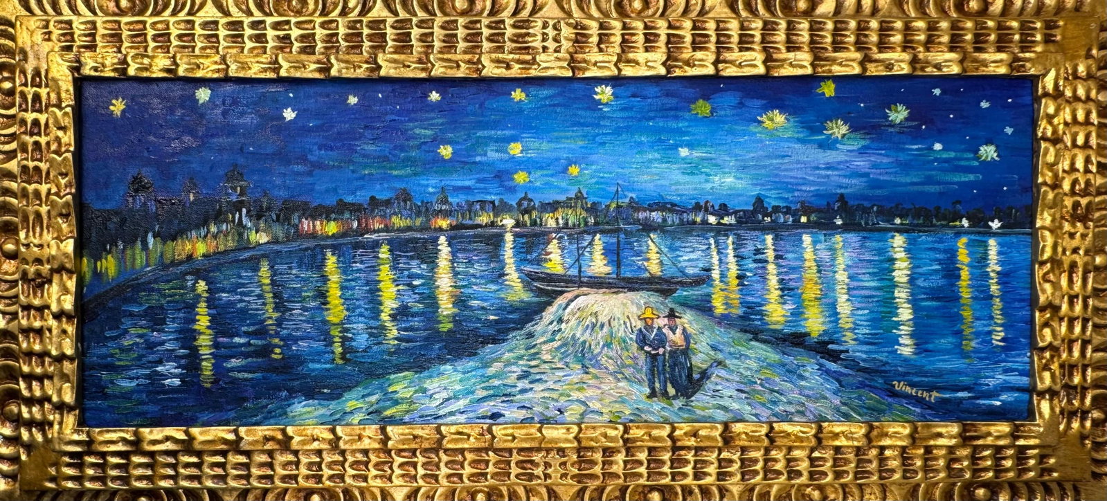 Vincent Van Gogh Dutch (Oil on Canvas Painting) in the style of: Rendered in the style of Vincent Van Gogh. Technique: Oil on Canvas Painting. Measures: 17.5" x 37" Inches. Provenance:Private Collection. "In the style of" means after the artist. The work is framed.
