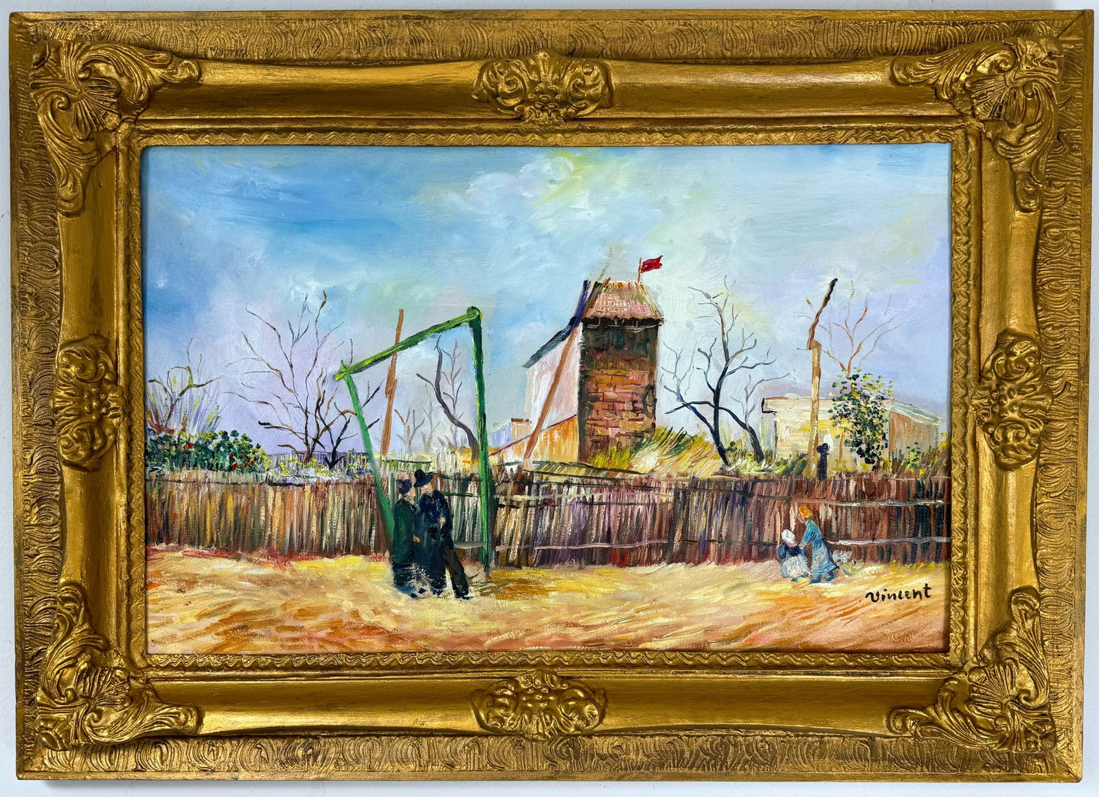 Vincent Van Gogh Dutch (Oil on Canvas Painting) in the style of: Rendered in the style of Vincent Van Gogh. Technique: Oil on Canvas Painting. Measures: 19" x 26.5" Inches. Provenance:Private Collection. "In the style of" means after the artist. The work is framed.