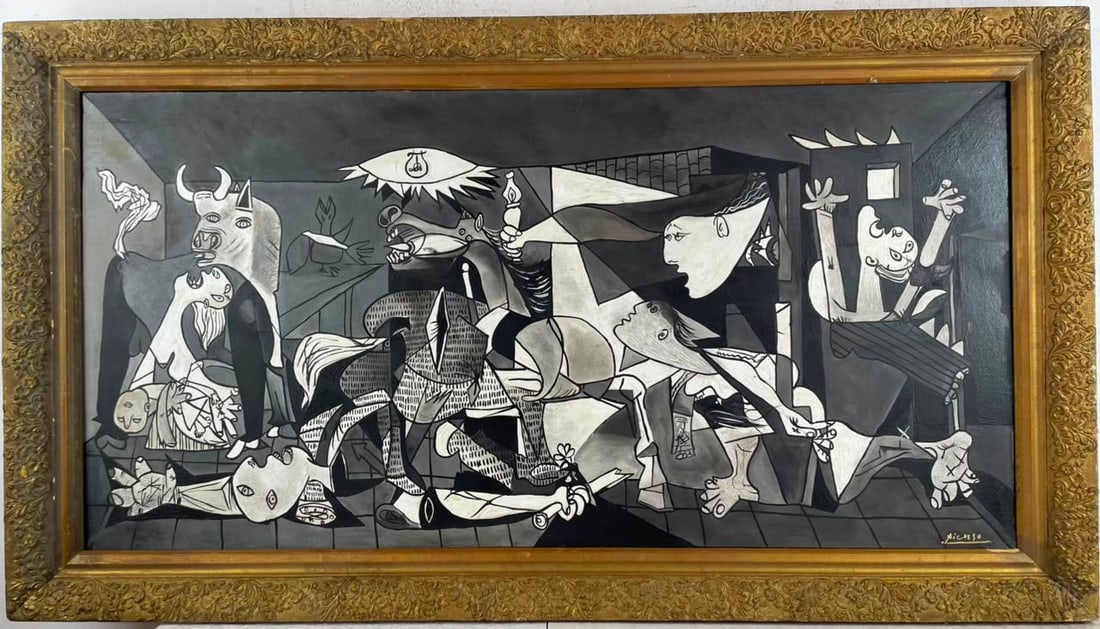 Pablo Picasso Spanish (Oil on Canvas Painting) In the style of: Rendered in the style of Pablo Picasso. Technique: Oil on Canvas painting. Measures: 25" x 44.5" Inches aprox. Provenance: Private collection."In the style of" means after the artist. The artwork is f