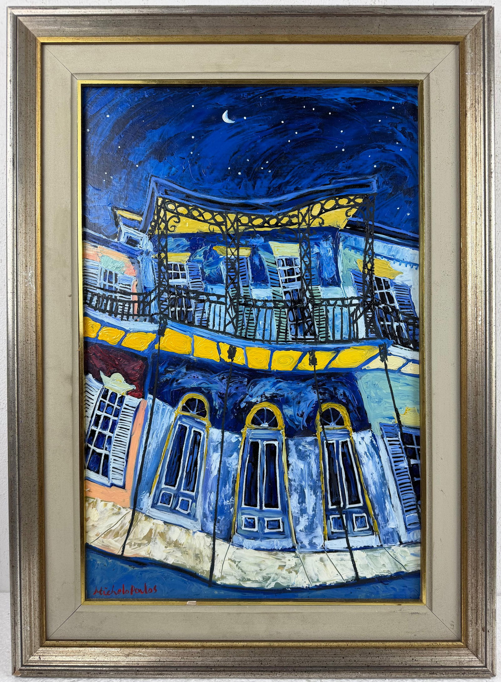 James Michalopoulos (Oil on Canvas Painting) in the style of: Rendered in the style of James Michalopoulos. Technique: Oil on Canvas painting. Measures: 21" x 29" Inches aprox. Provenance: Private collection. "In the style of" means after the artist. The artwork