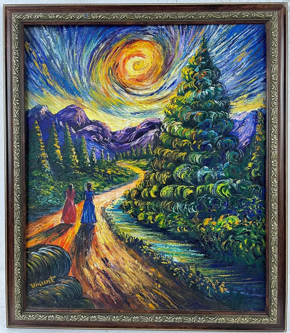 Vincent Van Gogh Dutch (Oil on Canvas Painting) in the style of: Rendered in the style of Vincent Van Gogh. Technique: Oil on Canvas Painting. Measures: 19" x 22" Inches. Provenance:Private Collection. "In the style of" means after the artist. The work is framed. V