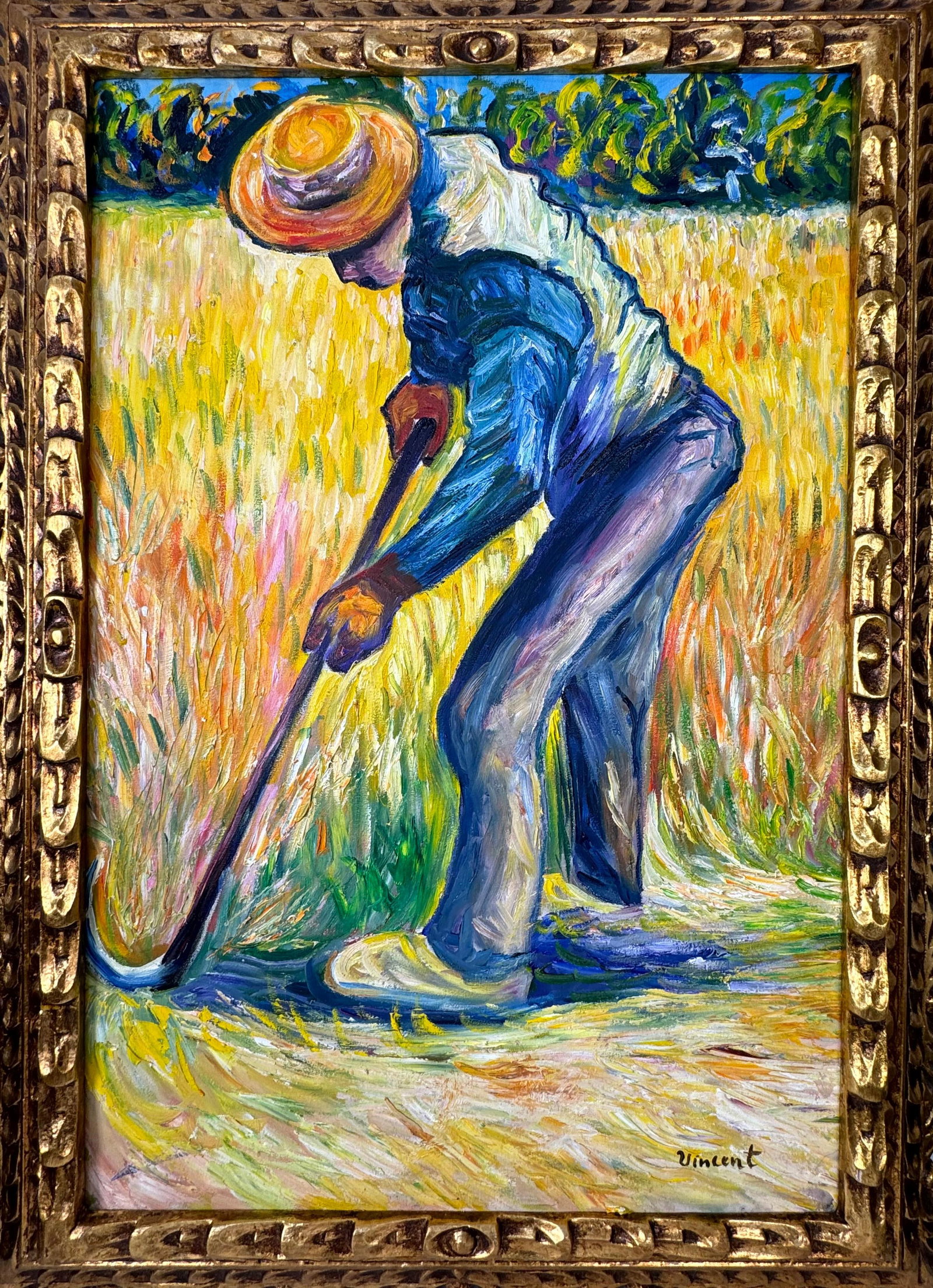 Vincent Van Gogh Dutch (Oil on Canvas Painting) in the style of: Rendered in the style of Vincent Van Gogh. Technique: Oil on Canvas Painting. Measures: 21" x 29" Inches. Provenance:Private Collection. "In the style of" means after the artist. The work is framed. V