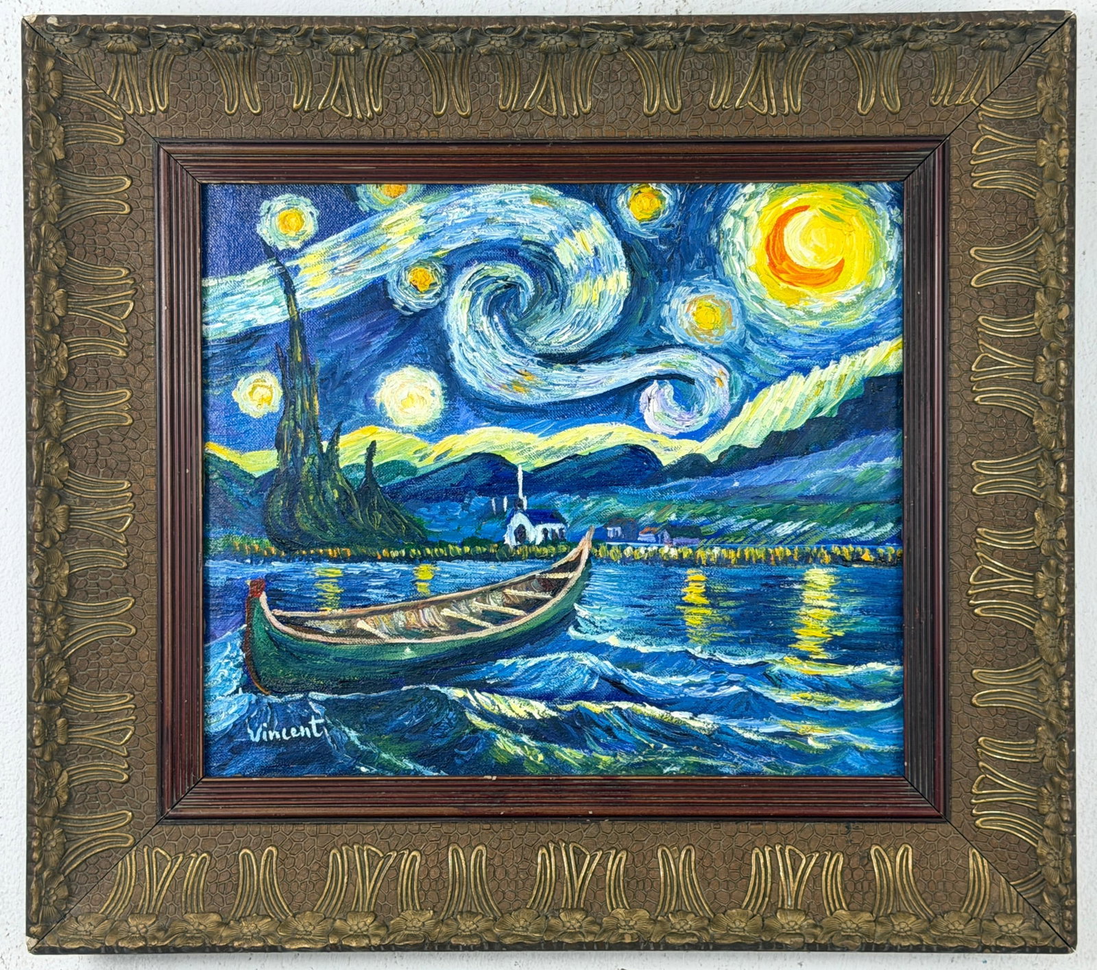 Vincent Van Gogh Dutch (Oil on Canvas Painting) in the style of: Rendered in the style of Vincent Van Gogh. Technique: Oil on Canvas Painting. Measures: 17.5" x 19.5" Inches. Provenance:Private Collection. "In the style of" means after the artist. The work is frame