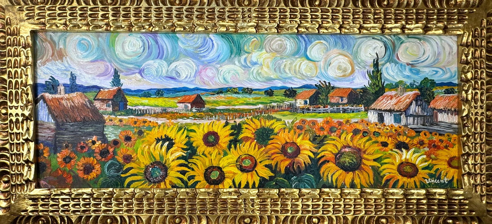 Vincent Van Gogh Dutch (Oil on Canvas Painting) in the style of: Rendered in the style of Vincent Van Gogh. Technique: Oil on Canvas Painting. Measures: 17.5" x 37.5" Inches. Provenance:Private Collection. "In the style of" means after the artist. The work is frame