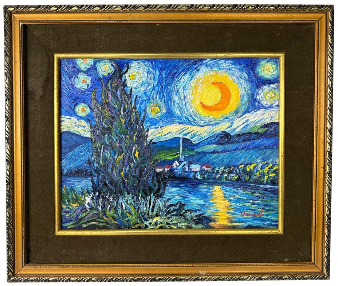 Vincent Van Gogh Dutch (Oil on Masonite Painting) in the style of: Rendered in the style of Vincent Van Gogh. Technique: Oil on Masonite Painting. Measures: 17" x 20" Inches. Provenance:Private Collection. "In the style of" means after the artist. The work is framed.