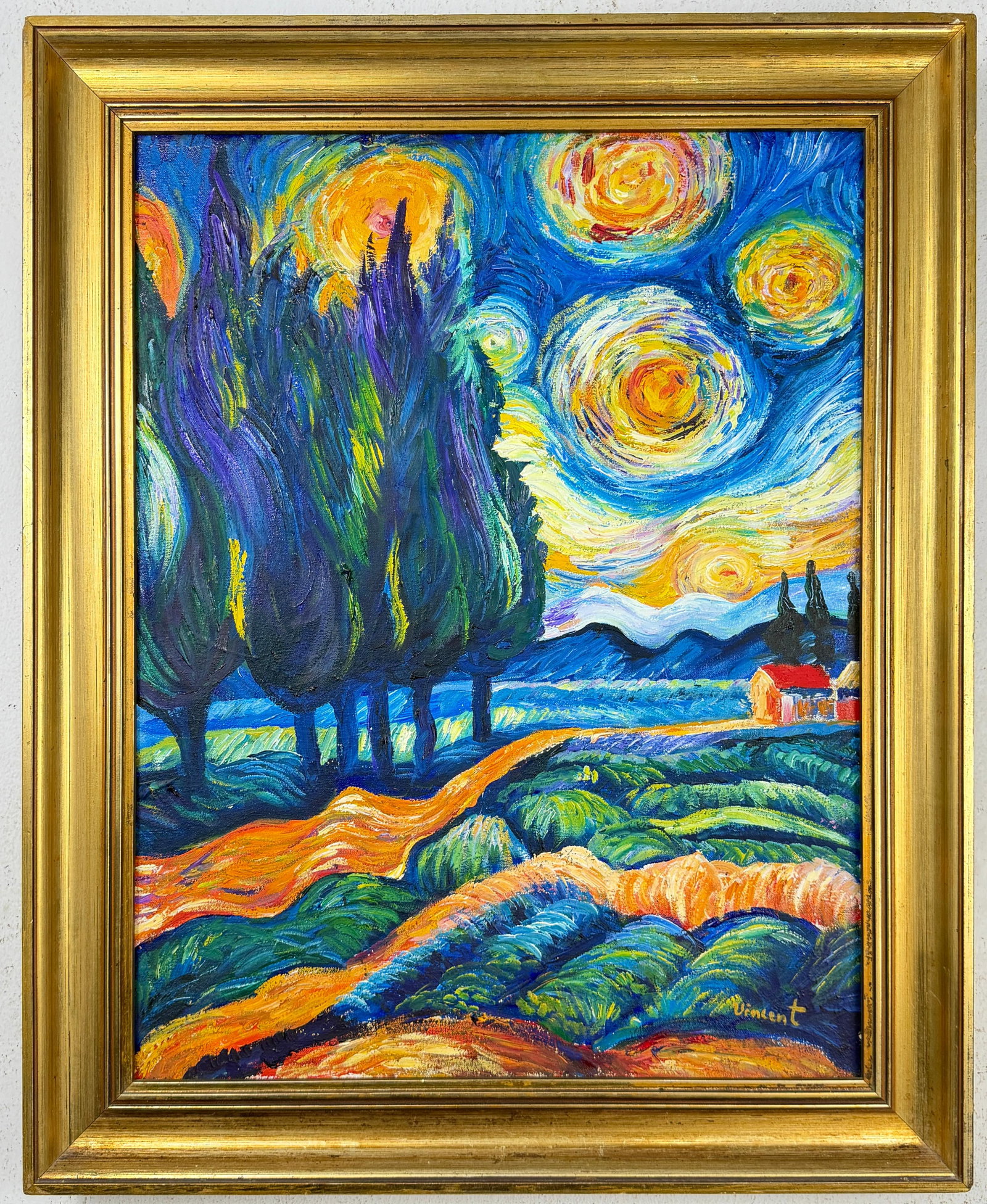 Vincent Van Gogh Dutch (Oil on Canvas Painting) in the style of: Rendered in the style of Vincent Van Gogh. Technique: Oil on Canvas Painting. Measures: 20.5" x 25" Inches. Provenance:Private Collection. "In the style of" means after the artist. The work is framed.