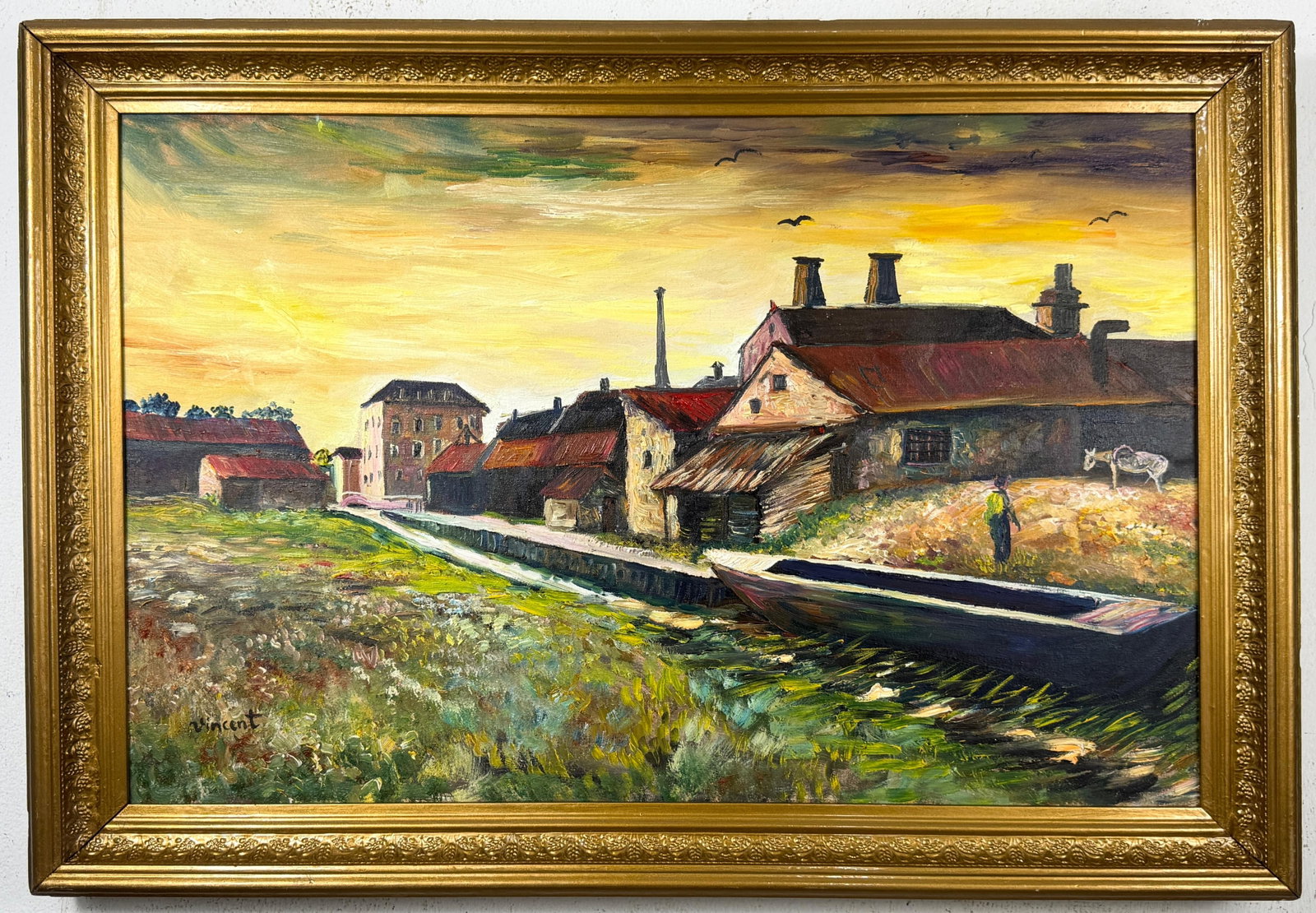 Vincent Van Gogh Dutch (Oil on Canvas Painting) in the style of: Rendered in the style of Vincent Van Gogh. Technique: Oil on Canvas Painting. Measures: 20" x 29" Inches. Provenance:Private Collection. "In the style of" means after the artist. The work is framed. V
