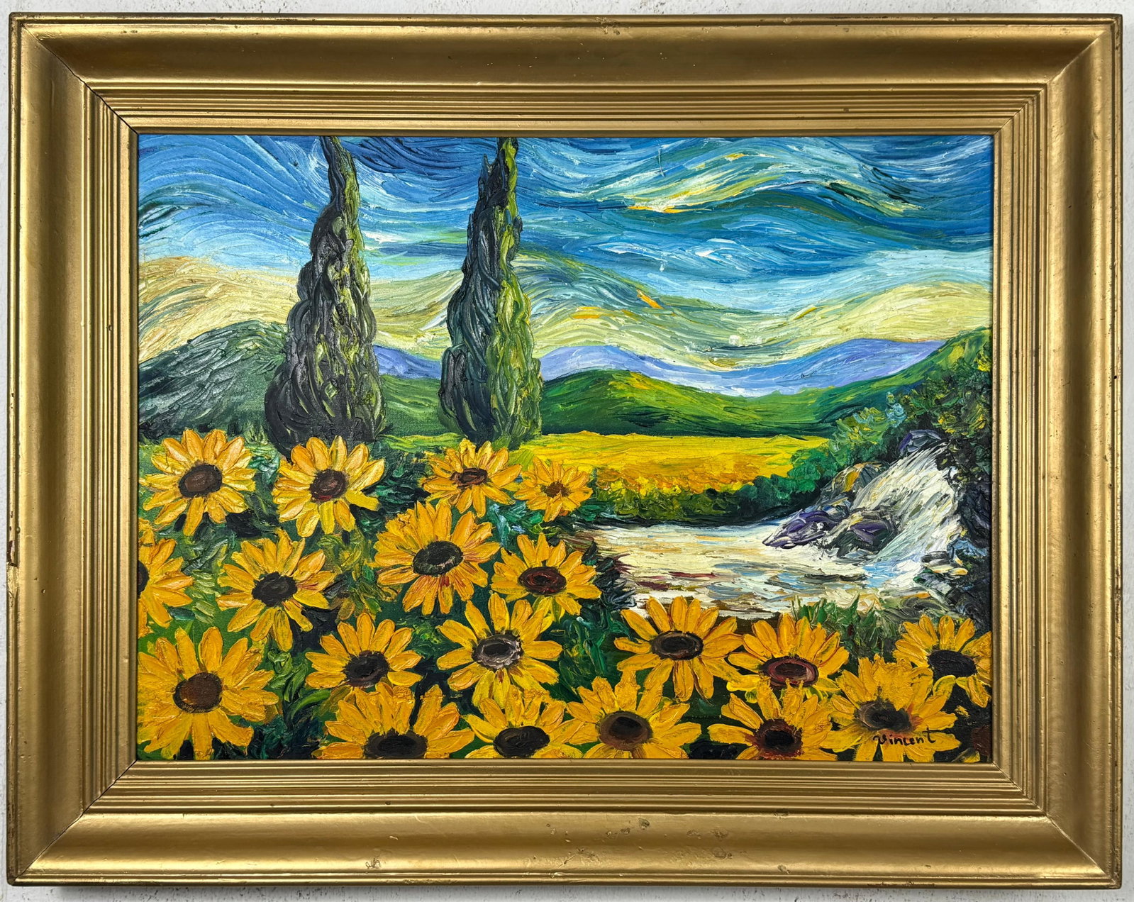 Vincent Van Gogh Dutch (Oil on Canvas Painting) in the style of: Rendered in the style of Vincent Van Gogh. Technique: Oil on Canvas Painting. Measures: 21.5" x 26.5" Inches. Provenance:Private Collection. "In the style of" means after the artist. The work is frame