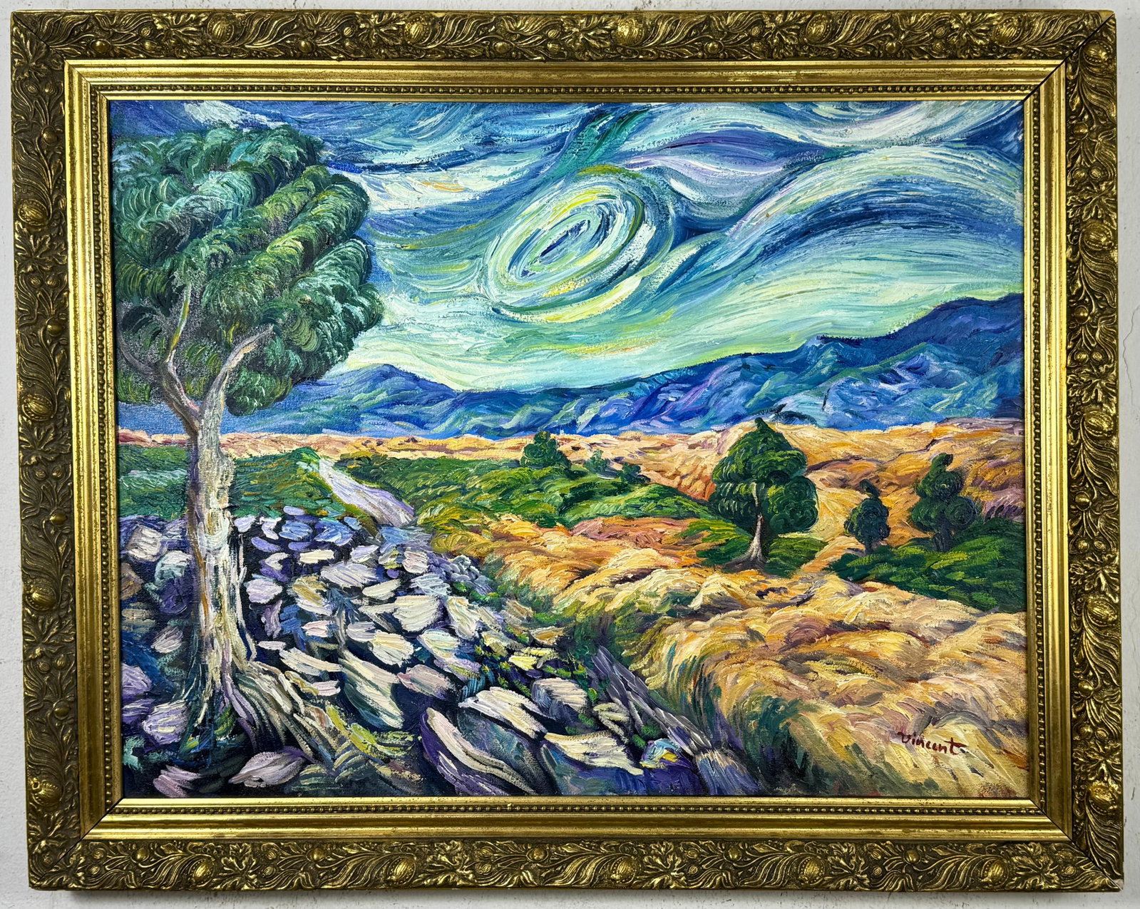 Vincent Van Gogh Dutch (Oil on Canvas Painting) in the style of: Rendered in the style of Vincent Van Gogh. Technique: Oil on Canvas Painting. Measures: 24" x 29.5" Inches. Provenance:Private Collection. "In the style of" means after the artist. The work is framed.