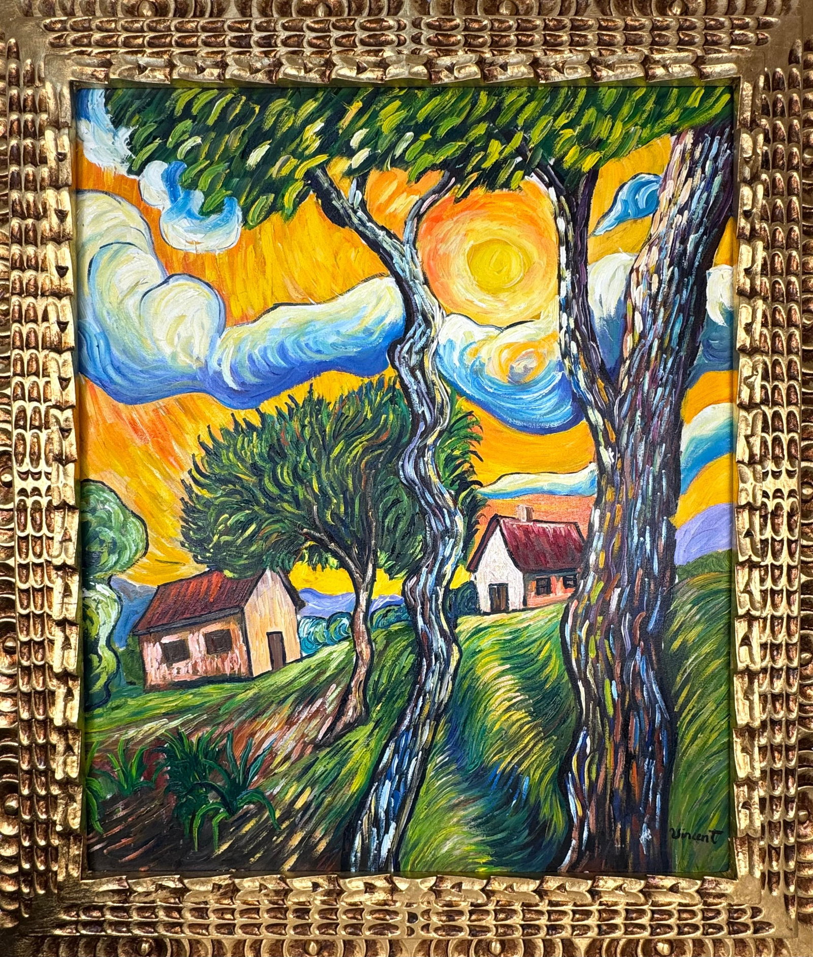 Vincent Van Gogh Dutch (Oil on Canvas Painting) in the style of: Rendered in the style of Vincent Van Gogh. Technique: Oil on Canvas Painting. Measures: 25" x 29" Inches. Provenance:Private Collection. "In the style of" means after the artist. The work is framed. V