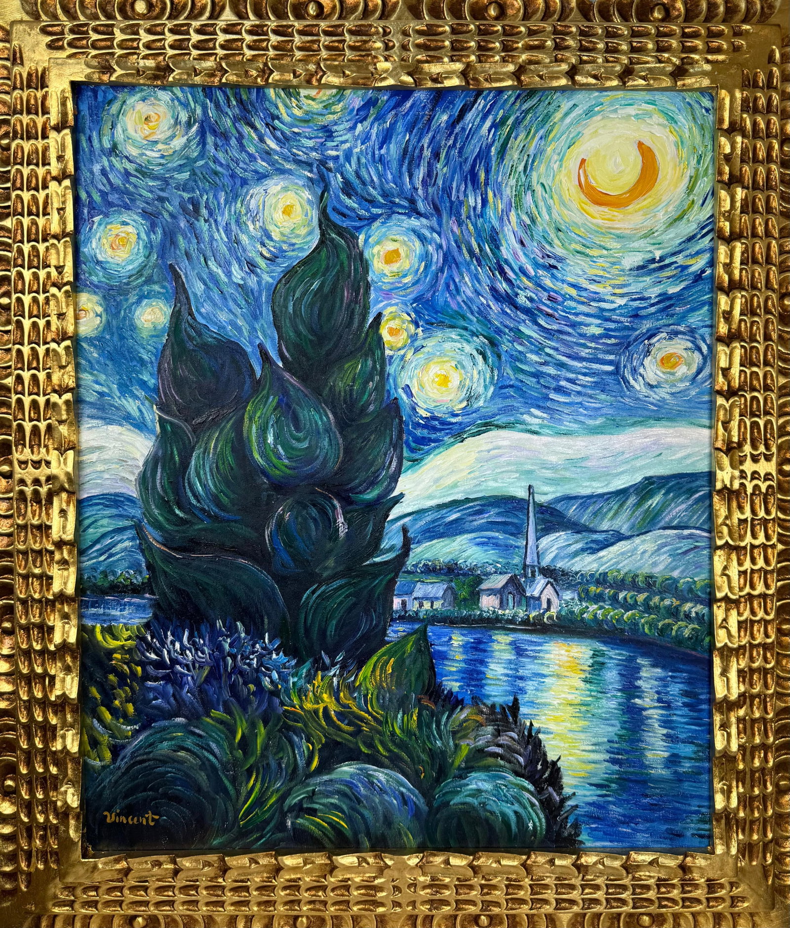 Vincent Van Gogh Dutch (Oil on Canvas Painting) in the style of: Rendered in the style of Vincent Van Gogh. Technique: Oil on Canvas Painting. Measures: 25" x 29" Inches. Provenance:Private Collection. "In the style of" means after the artist. The work is framed. V