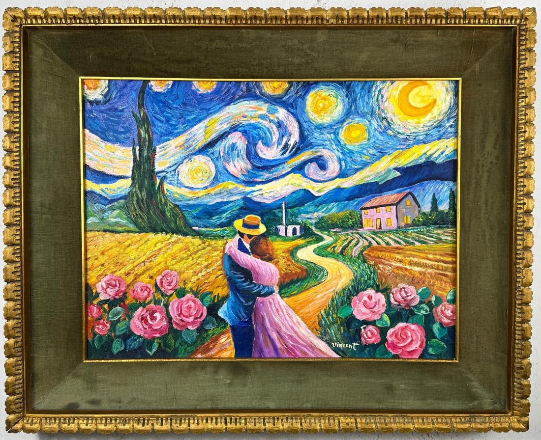 Vincent Van Gogh Dutch (Oil on Canvas Painting) in the style of: Rendered in the style of Vincent Van Gogh. Technique: Oil on Canvas Painting. Measures: 25" x 30.5" Inches. Provenance:Private Collection. "In the style of" means after the artist. The work is framed.