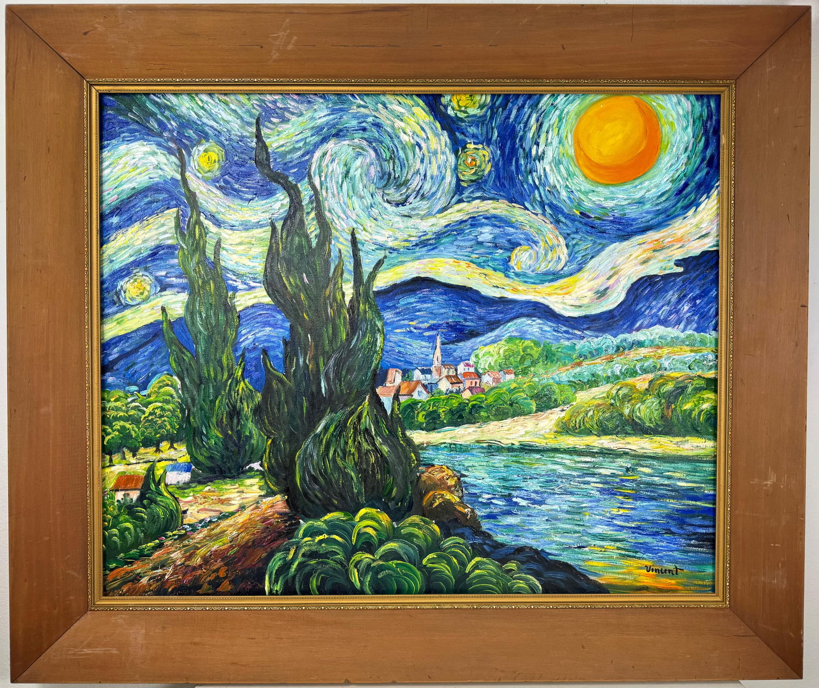 Vincent Van Gogh Dutch (Oil on Canvas Painting) in the style of: Rendered in the style of Vincent Van Gogh. Technique: Oil on Canvas Painting. Measures: 29" x 34.5" Inches. Provenance:Private Collection. "In the style of" means after the artist. The work is framed.