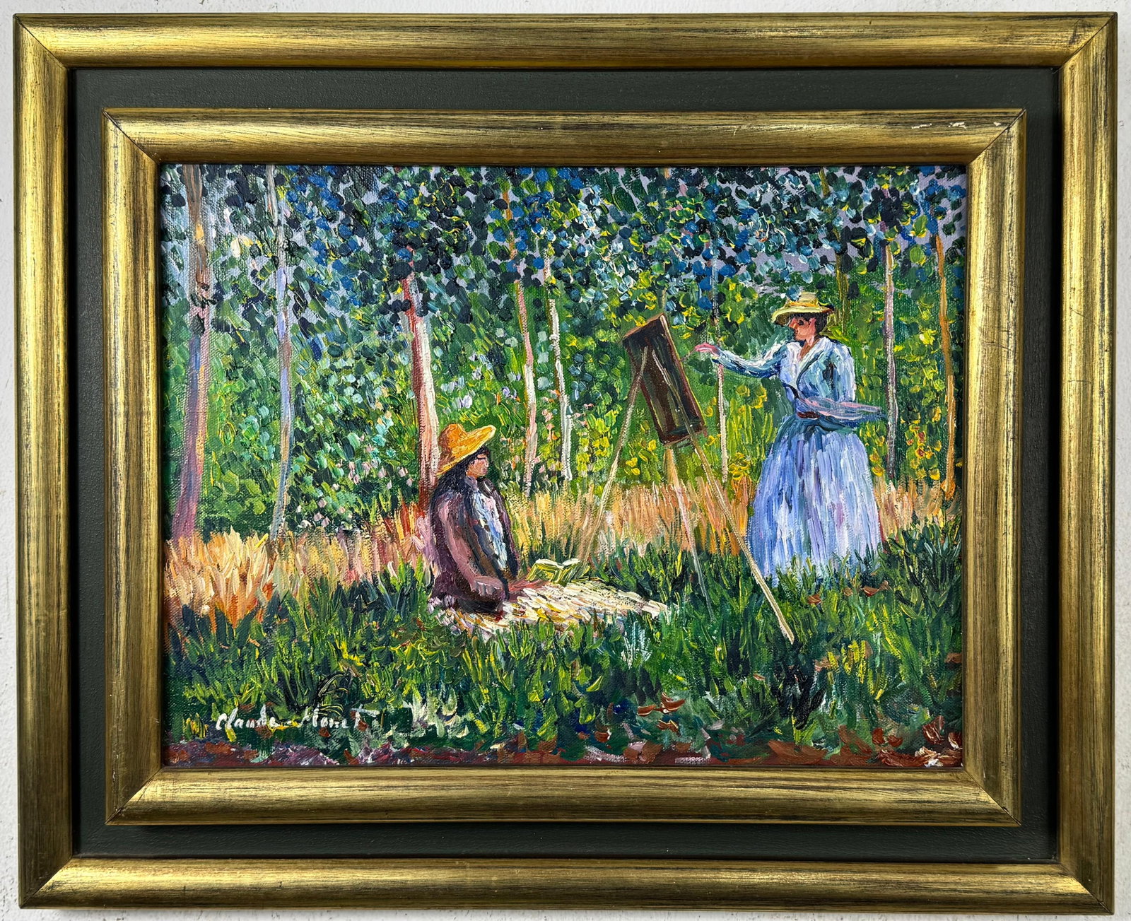 Claude Monet French (Oil on Canvas Painting) in the style of: Rendered in the style of Claude Monet. Technique: Oil on Canvas painting. Measures: 17.5" x 21.5" Inches aprox. Provenance: Private collection. "In the style of" means after the artist. The artwork is
