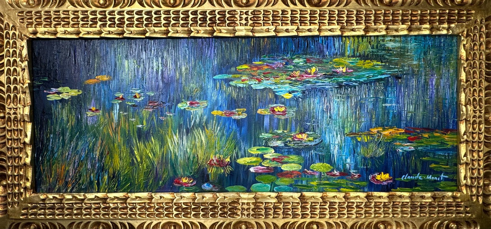 Claude Monet French (Oil on Canvas Painting) in the style of: Rendered in the style of Claude Monet. Technique: Oil on Canvas painting. Measures: 17.5" x 37" Inches aprox. Provenance: Private collection. "In the style of" means after the artist. The artwork is f