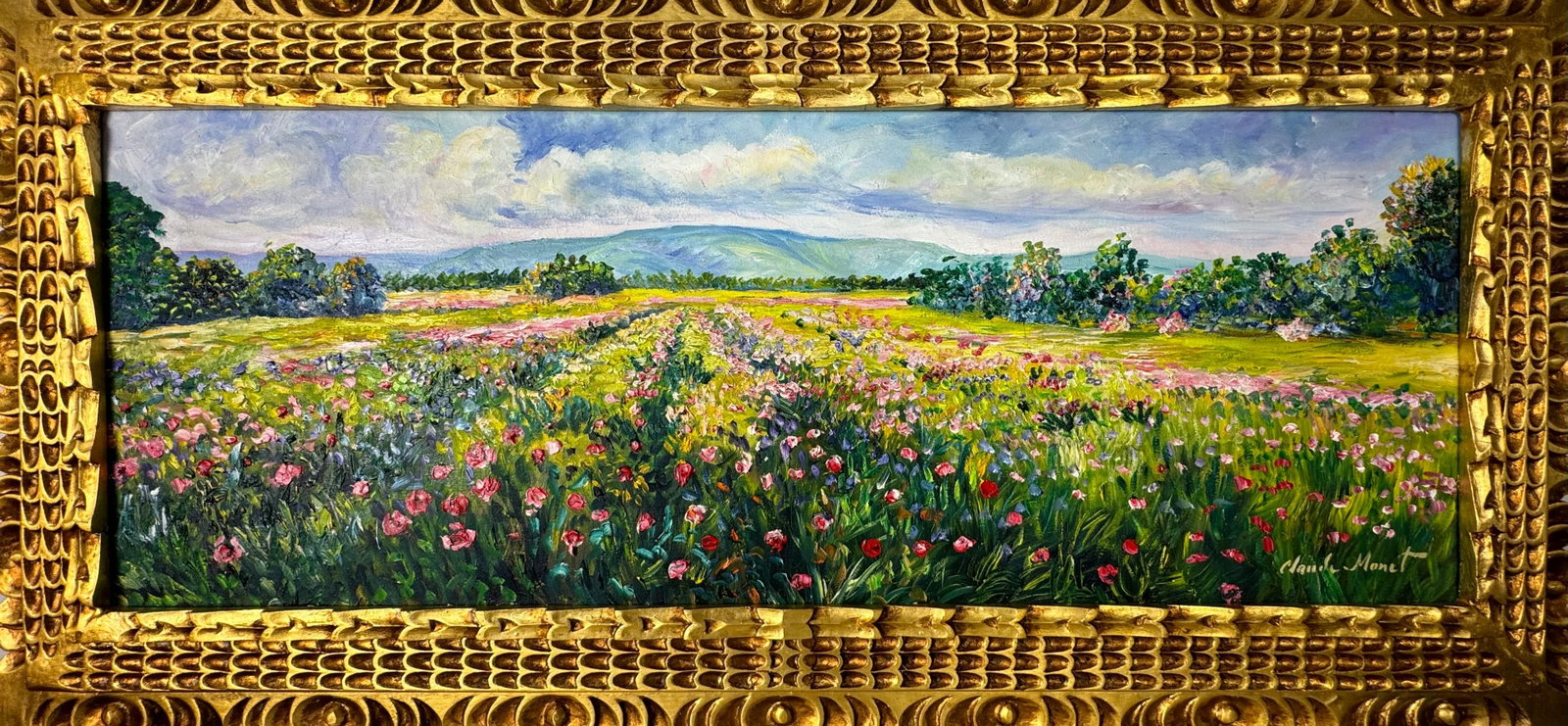 Claude Monet French (Oil on Canvas Painting) in the style of: Rendered in the style of Claude Monet. Technique: Oil on Canvas painting. Measures: 17.5" x 37" Inches aprox. Provenance: Private collection. "In the style of" means after the artist. The artwork is f