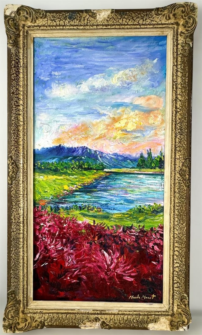 Claude Monet French (Oil on Canvas Painting) in the style of: Rendered in the style of Claude Monet. Technique: Oil on Canvas painting. Measures: 19" x 32.5" Inches aprox. Provenance: Private collection. "In the style of" means after the artist. The artwork is f