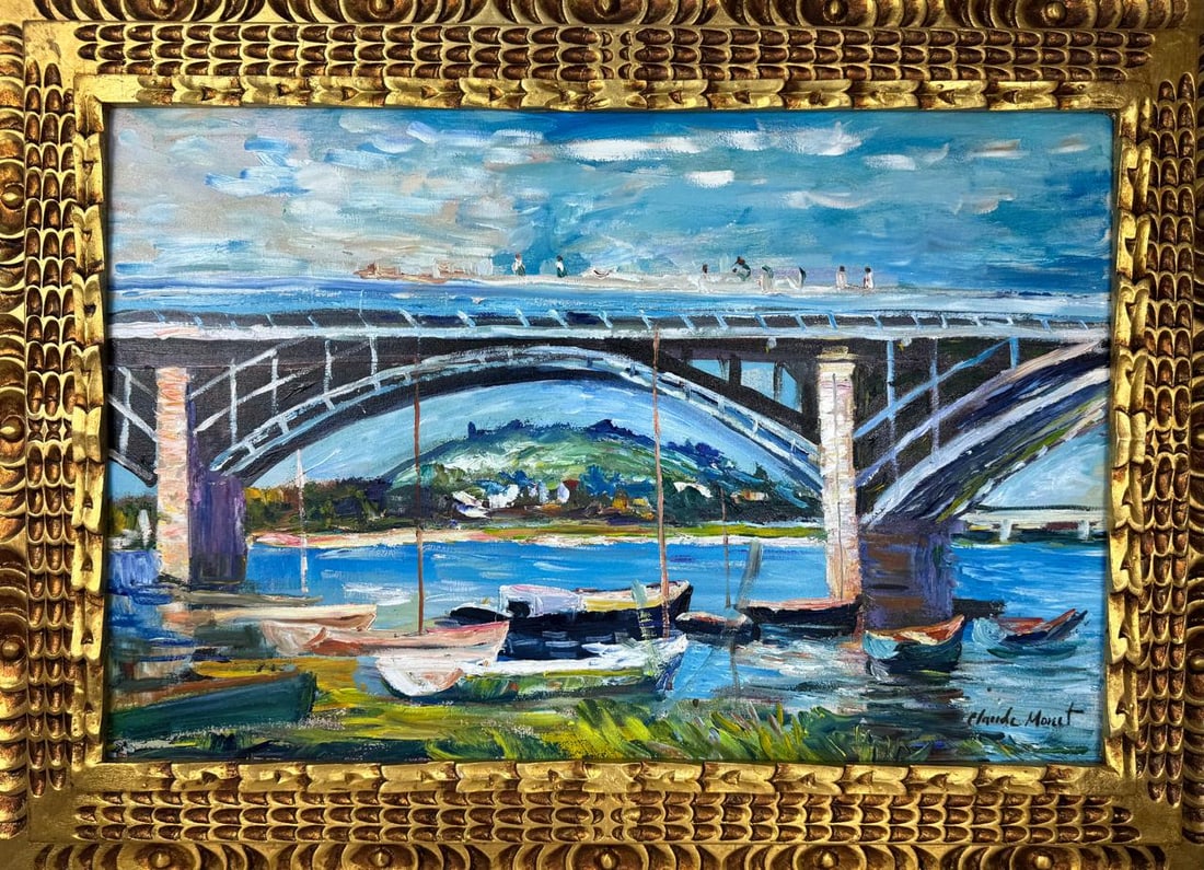 Claude Monet French (Oil on Canvas Painting) in the style of: Rendered in the style of Claude Monet. Technique: Oil on Canvas painting. Measures: 21" x 29" Inches aprox. Provenance: Private collection. "In the style of" means after the artist. The artwork is fra