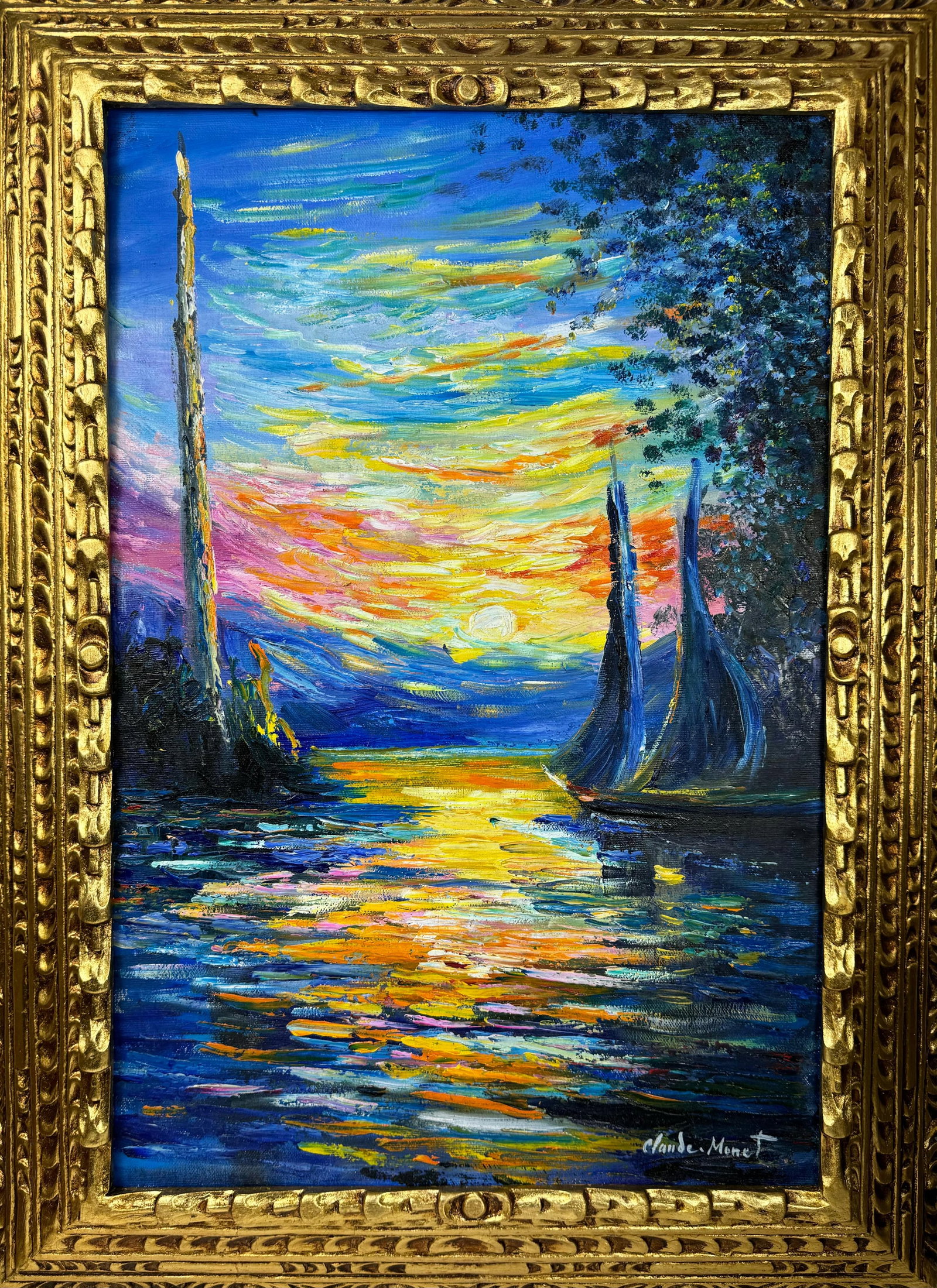 Claude Monet French (Oil on Canvas Painting) in the style of: Rendered in the style of Claude Monet. Technique: Oil on Canvas painting. Measures: 22" x 30" Inches aprox. Provenance: Private collection. "In the style of" means after the artist. The artwork is fra