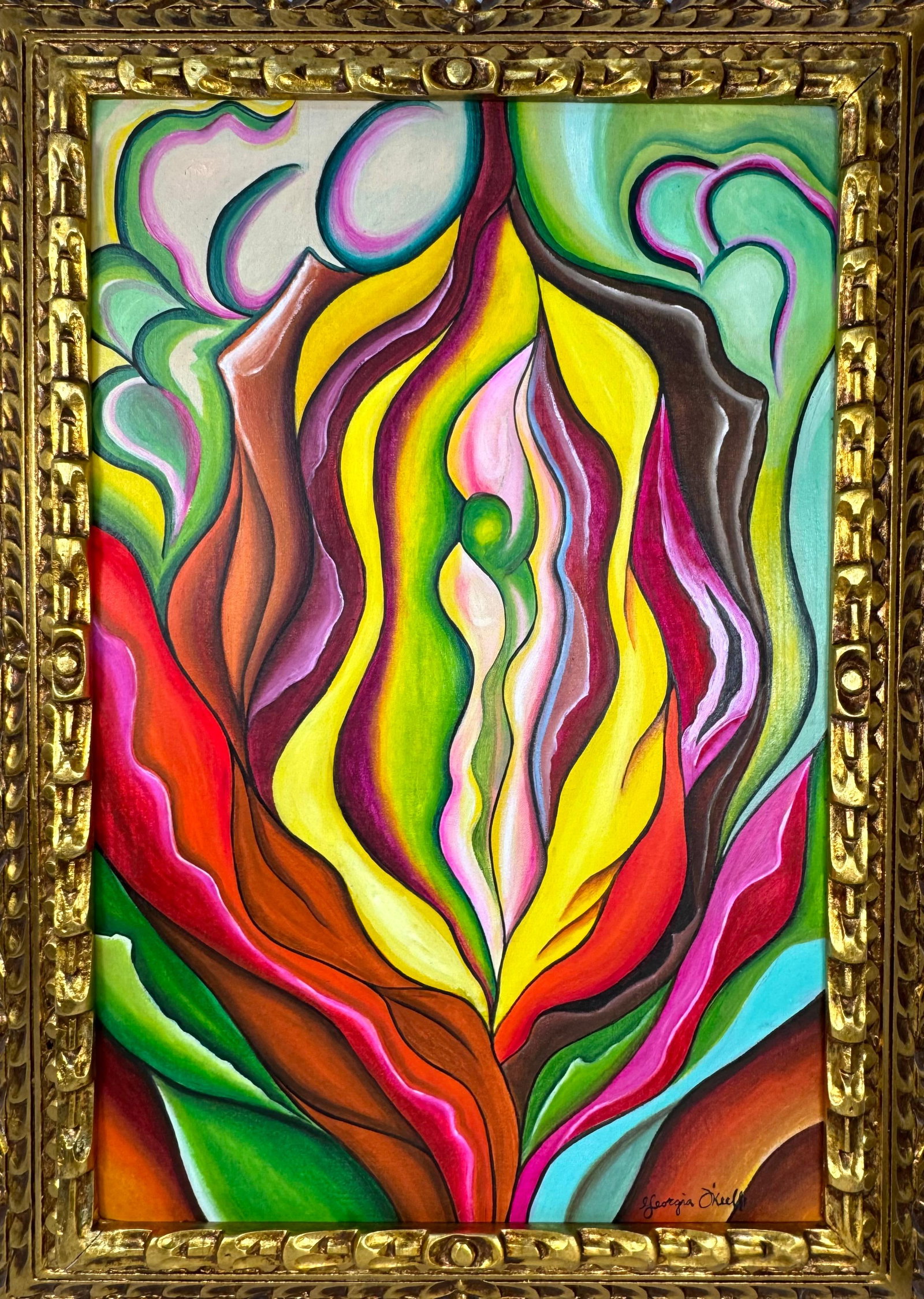 Georgia O'Keeffe (Oil on Canvas Painting) in the style of: Rendered in the style of Georgia O'Keeffe. Technique: Oil on Canvas painting. Measures: 21 x 29 Inches aprox. Provenance: Private collection. "In the style of" means after the artist. The artwork is f
