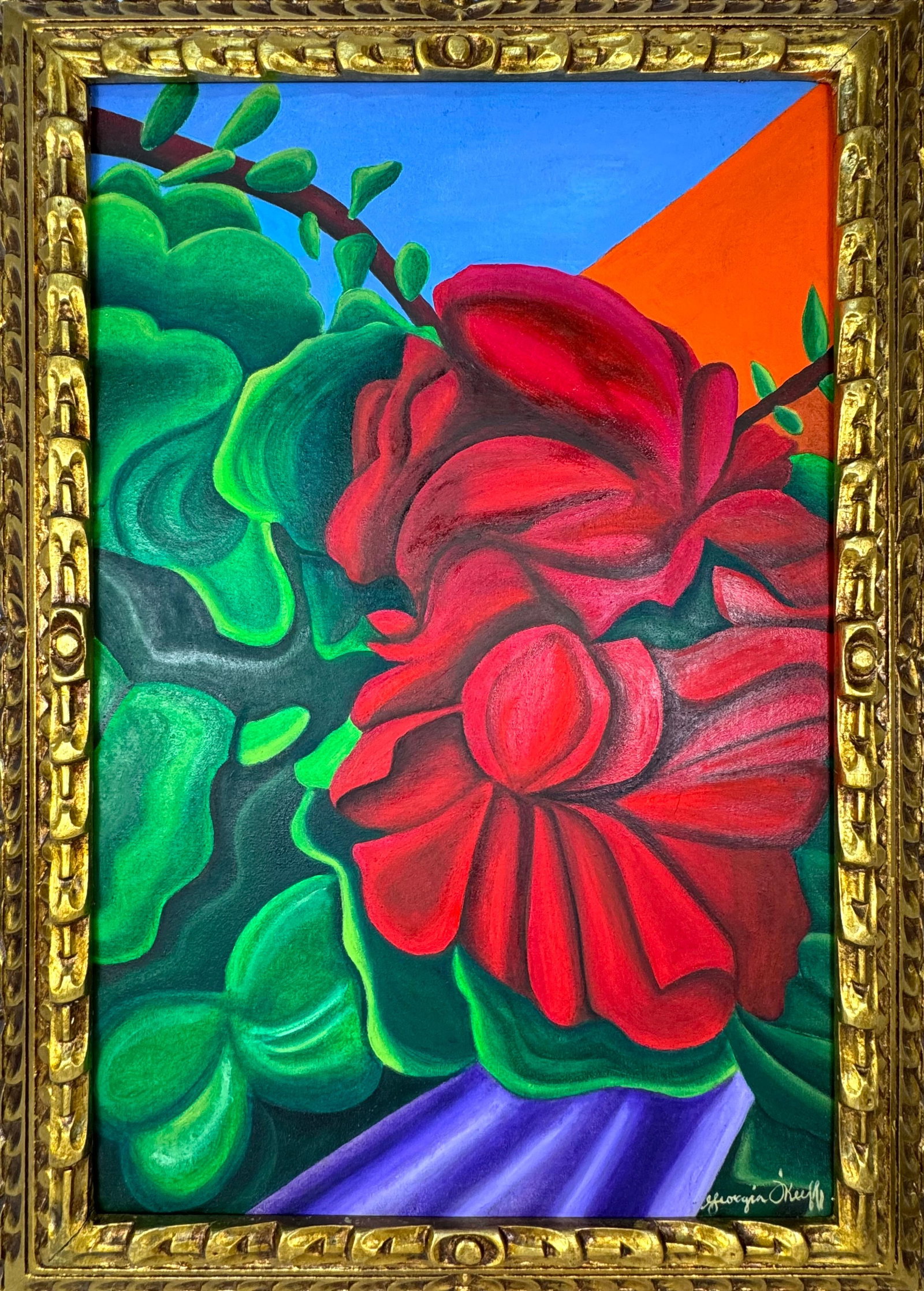 Georgia O'Keeffe (Oil on Canvas Painting) in the style of: Rendered in the style of Georgia O'Keeffe. Technique: Oil on Canvas painting. Measures: 21 x 29 Inches aprox. Provenance: Private collection. "In the style of" means after the artist. The artwork is f