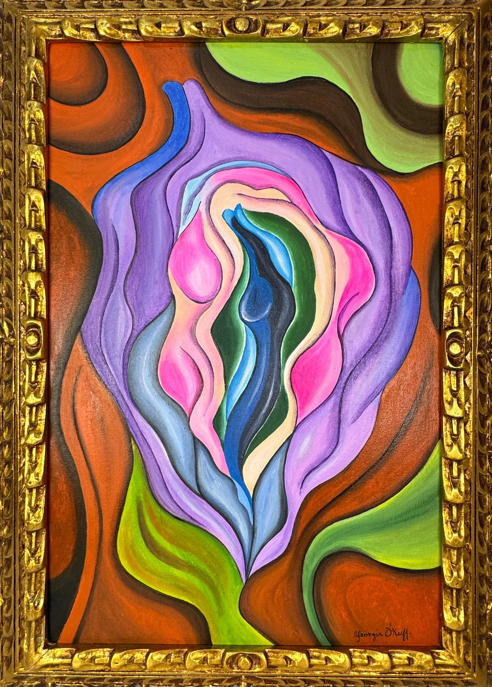 Georgia O'Keeffe (Oil on Canvas Painting) in the style of: Rendered in the style of Georgia O'Keeffe. Technique: Oil on Canvas painting. Measures: 21 x 29 Inches aprox. Provenance: Private collection. "In the style of" means after the artist. The artwork is f