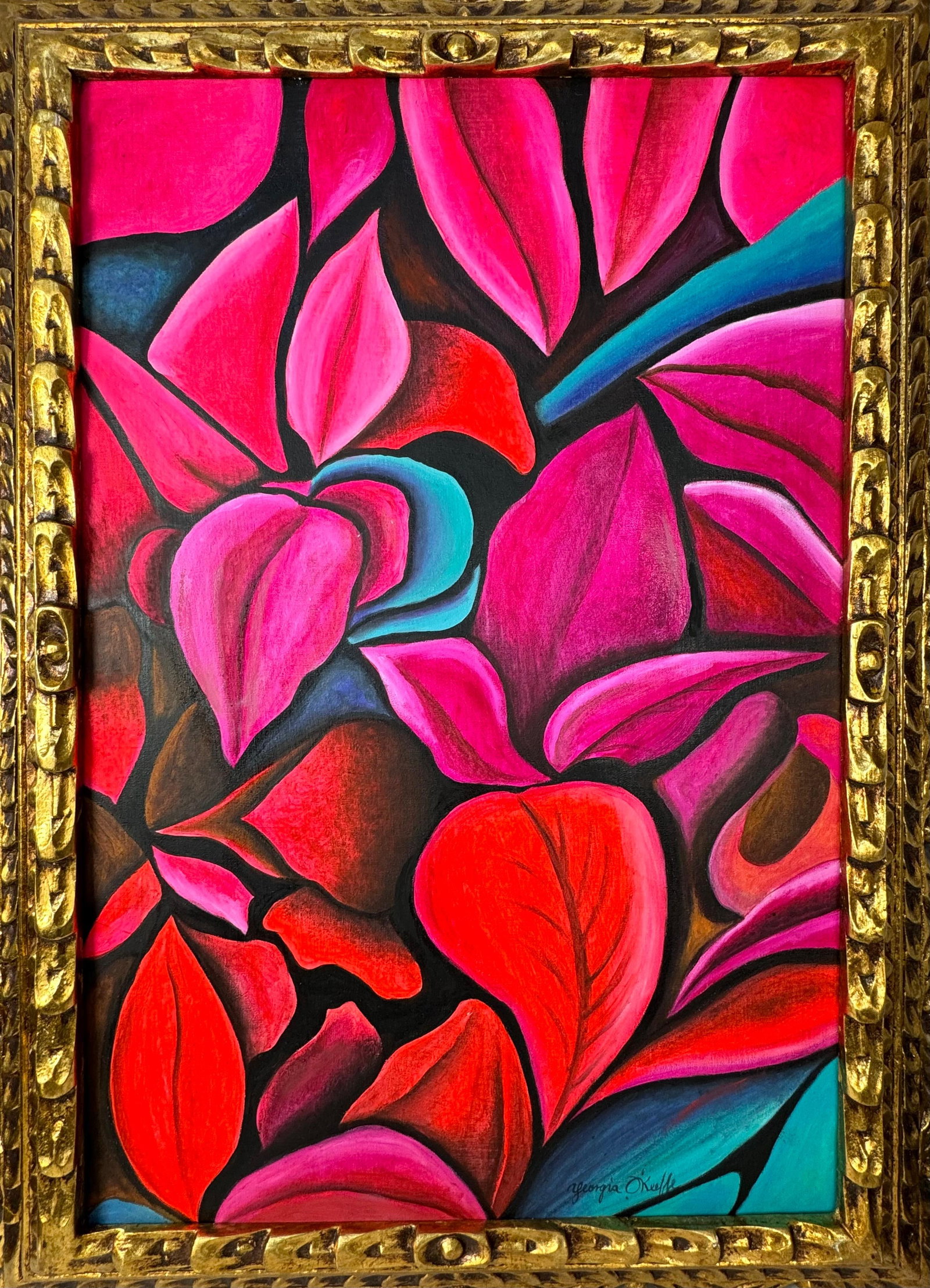 Georgia O'Keeffe (Oil on Canvas Painting) in the style of: Rendered in the style of Georgia O'Keeffe. Technique: Oil on Canvas painting. Measures: 21 x 29 Inches aprox. Provenance: Private collection. "In the style of" means after the artist. The artwork is f