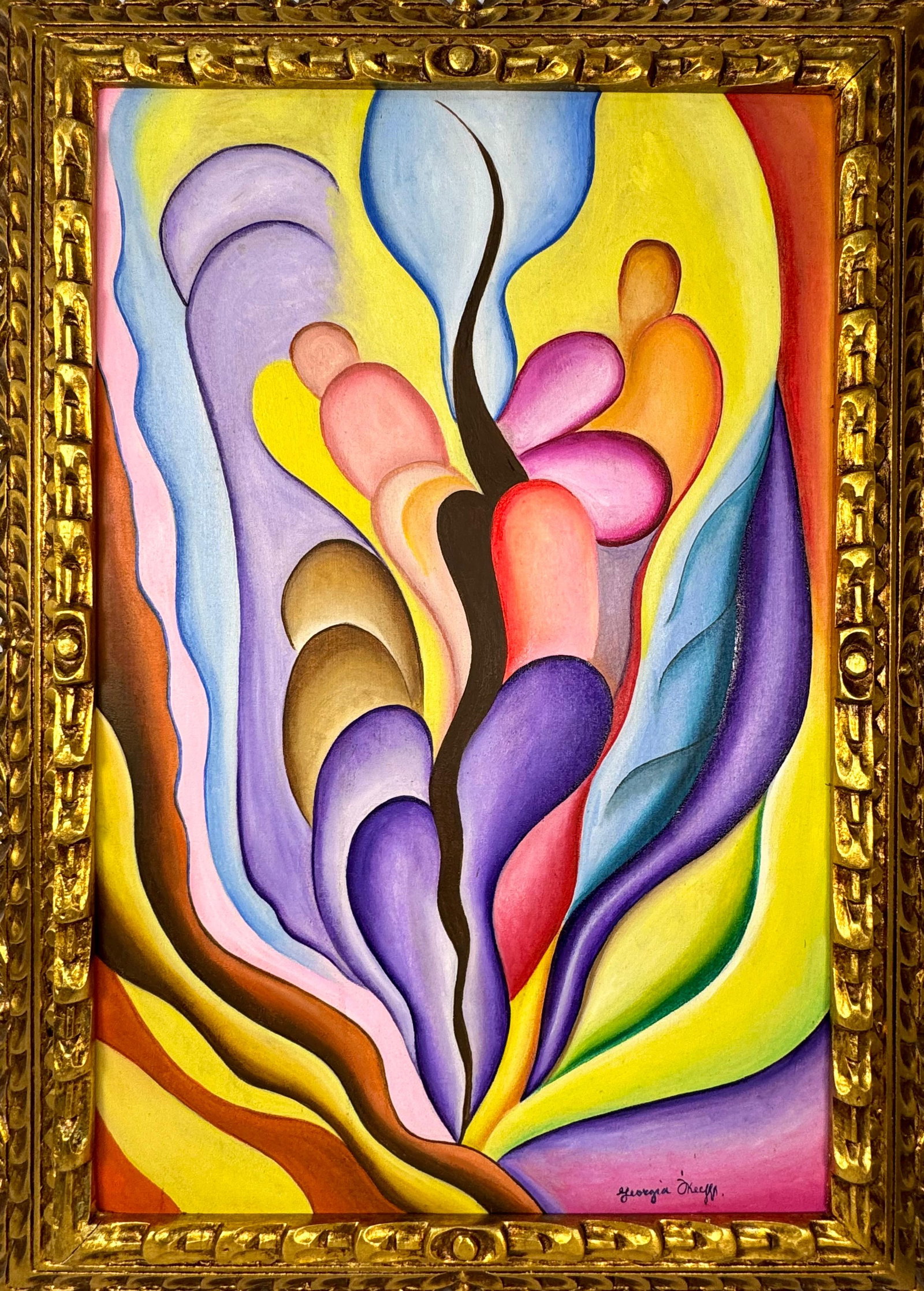 Georgia O'Keeffe (Oil on Canvas Painting) in the style of: Rendered in the style of Georgia O'Keeffe. Technique: Oil on Canvas painting. Measures: 21 x 29 Inches aprox. Provenance: Private collection. "In the style of" means after the artist. The artwork is f