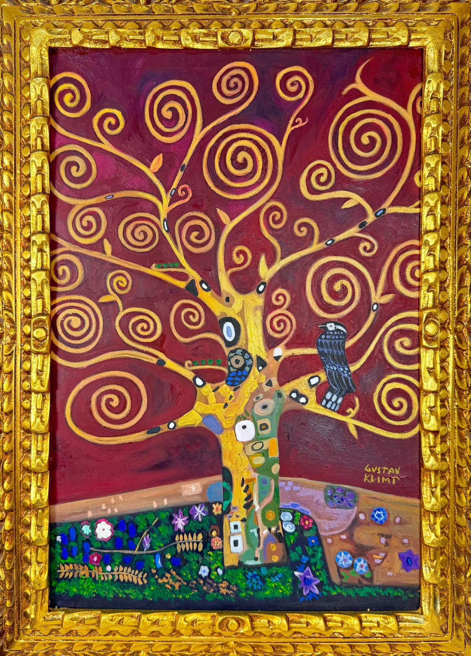 Gustav Klimt Austrian (Oil on Canvas Painting) in the style of: Rendered in the style of Gustav Klimt. Technique: Oil on Canvas painting. Measures: 21 x 29 Inches aprox. Provenance: Private collection. "In the style of" means after the artist. The artwork is frame