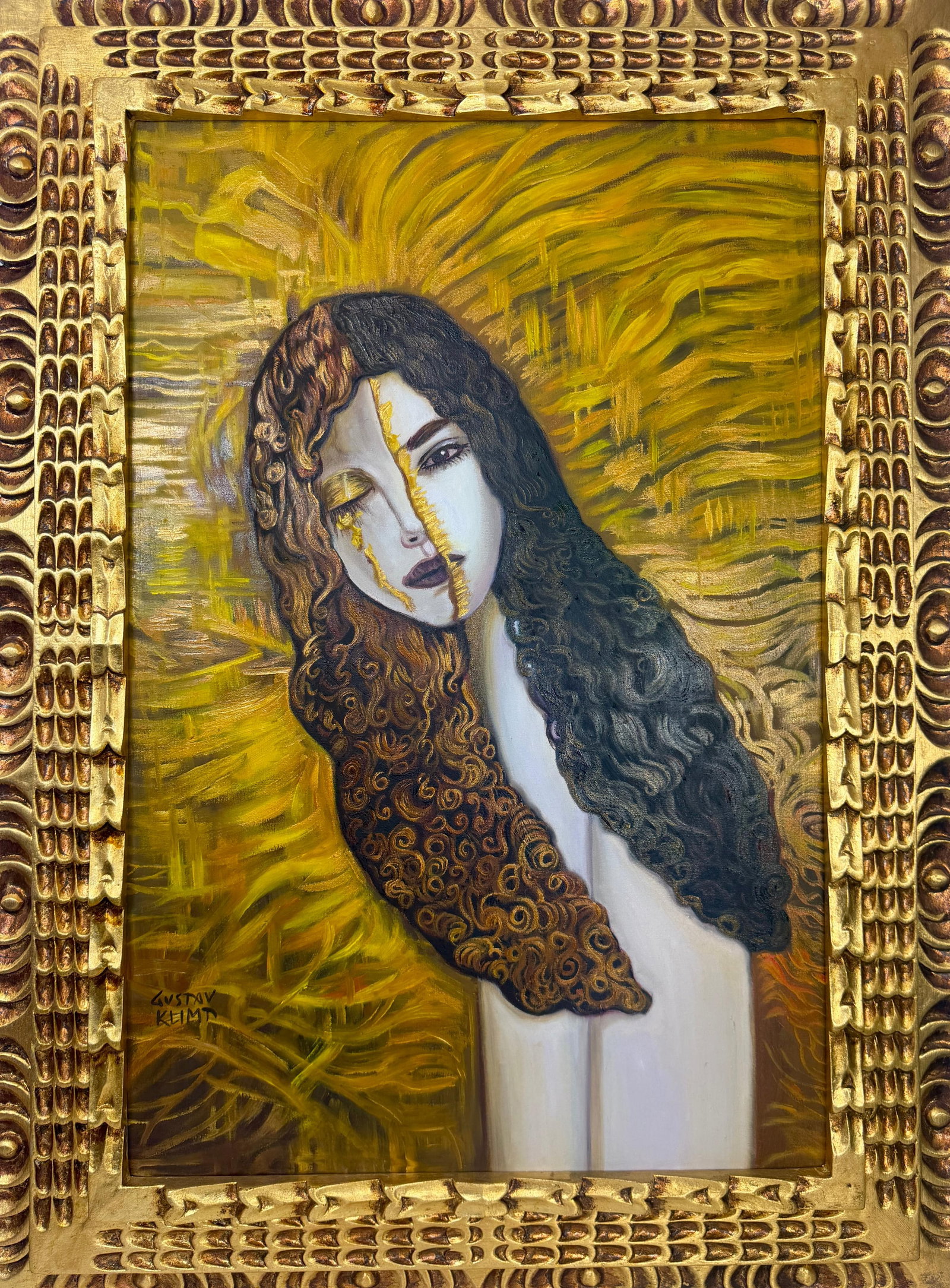 Gustav Klimt Austrian (Oil on Canvas Painting) in the style of: Rendered in the style of Gustav Klimt. Technique: Oil on Canvas painting. Measures: 21 x 29 Inches aprox. Provenance: Private collection. "In the style of" means after the artist. The artwork is frame
