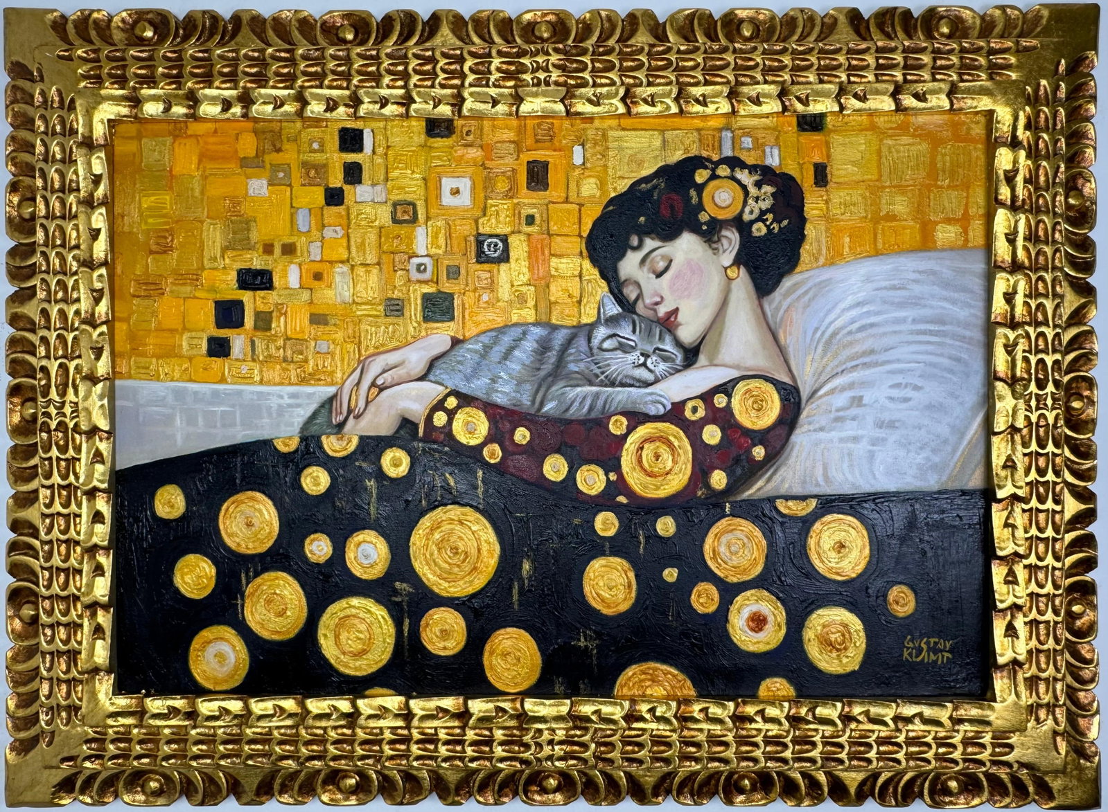 Gustav Klimt Austrian (Oil on Canvas Painting) in the style of: Rendered in the style of Gustav Klimt. Technique: Oil on Canvas painting. Measures: 21 x 29 Inches aprox. Provenance: Private collection. "In the style of" means after the artist. The artwork is frame