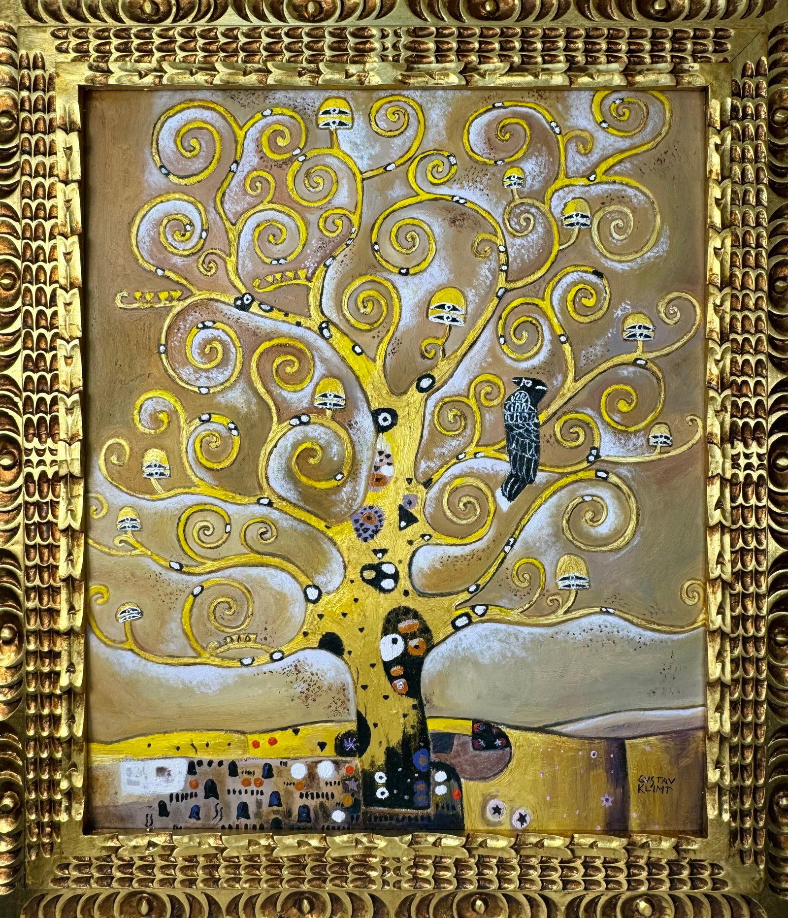Gustav Klimt Austrian (Oil on Canvas Painting) in the style of: Rendered in the style of Gustav Klimt. Technique: Oil on Canvas painting. Measures: 25 x 29 Inches aprox. Provenance: Private collection. "In the style of" means after the artist. The artwork is frame