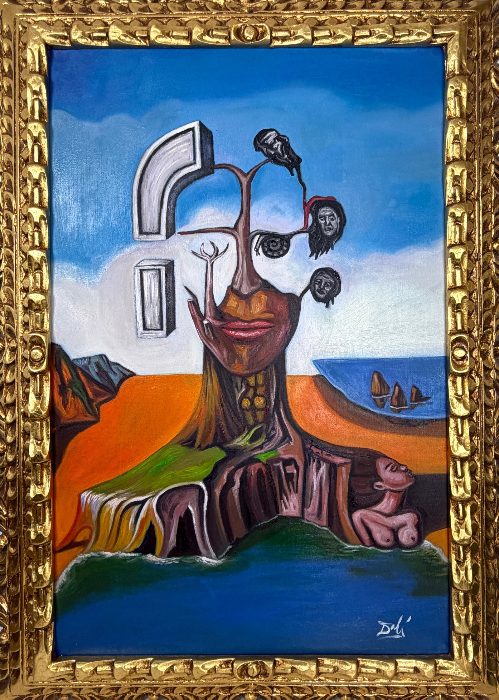 Salvador Dali Spanish (Oil on Canvas Painting) in the style of: Rendered in the style of Salvador Dali. Technique: Oil on Canvas painting. Measures: 21 x 29 Inches aprox. Provenance: Private collection. "In the style of" means after the artist. The artwork is fram