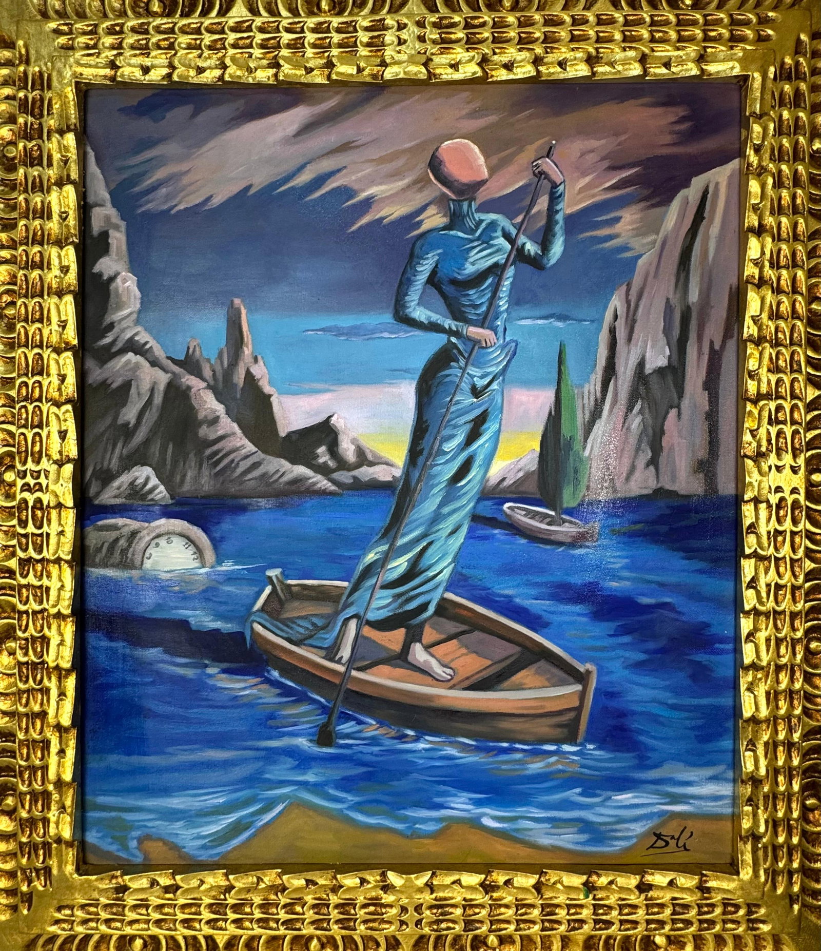 Salvador Dali Spanish (Oil on Canvas Painting) in the style of: Rendered in the style of Salvador Dali. Technique: Oil on Canvas painting. Measures: 25 x 29 Inches aprox. Provenance: Private collection. "In the style of" means after the artist. The artwork is fram