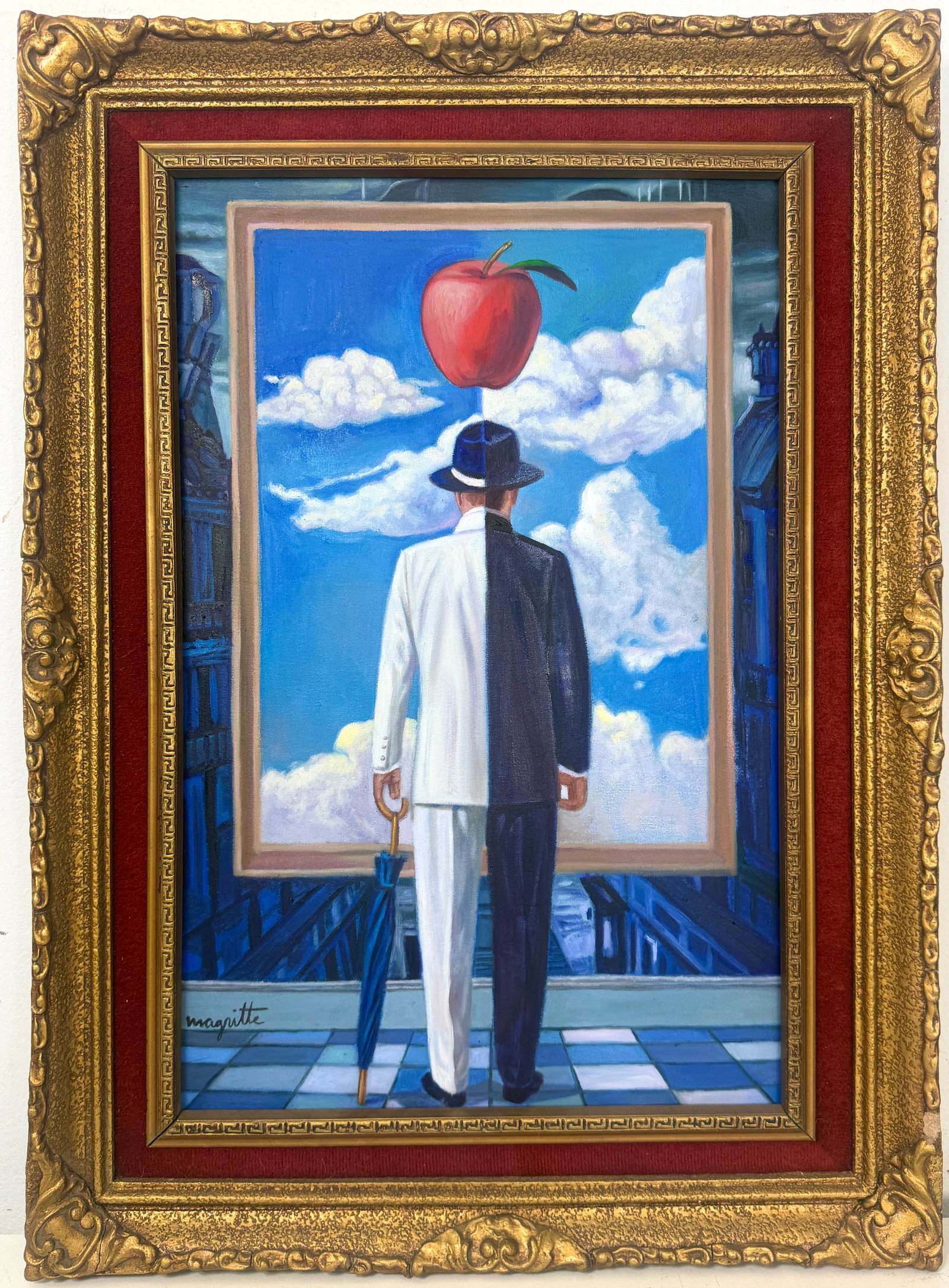 Rene Magritte (Oil on Canvas Painting) in the style of: Rendered in the style of Rene Magritte. Technique: Oil on Canvas painting. Measures: 16 x 22 Inches aprox. Provenance: Private collection. "In the style of" means after the artist. The artwork is fram