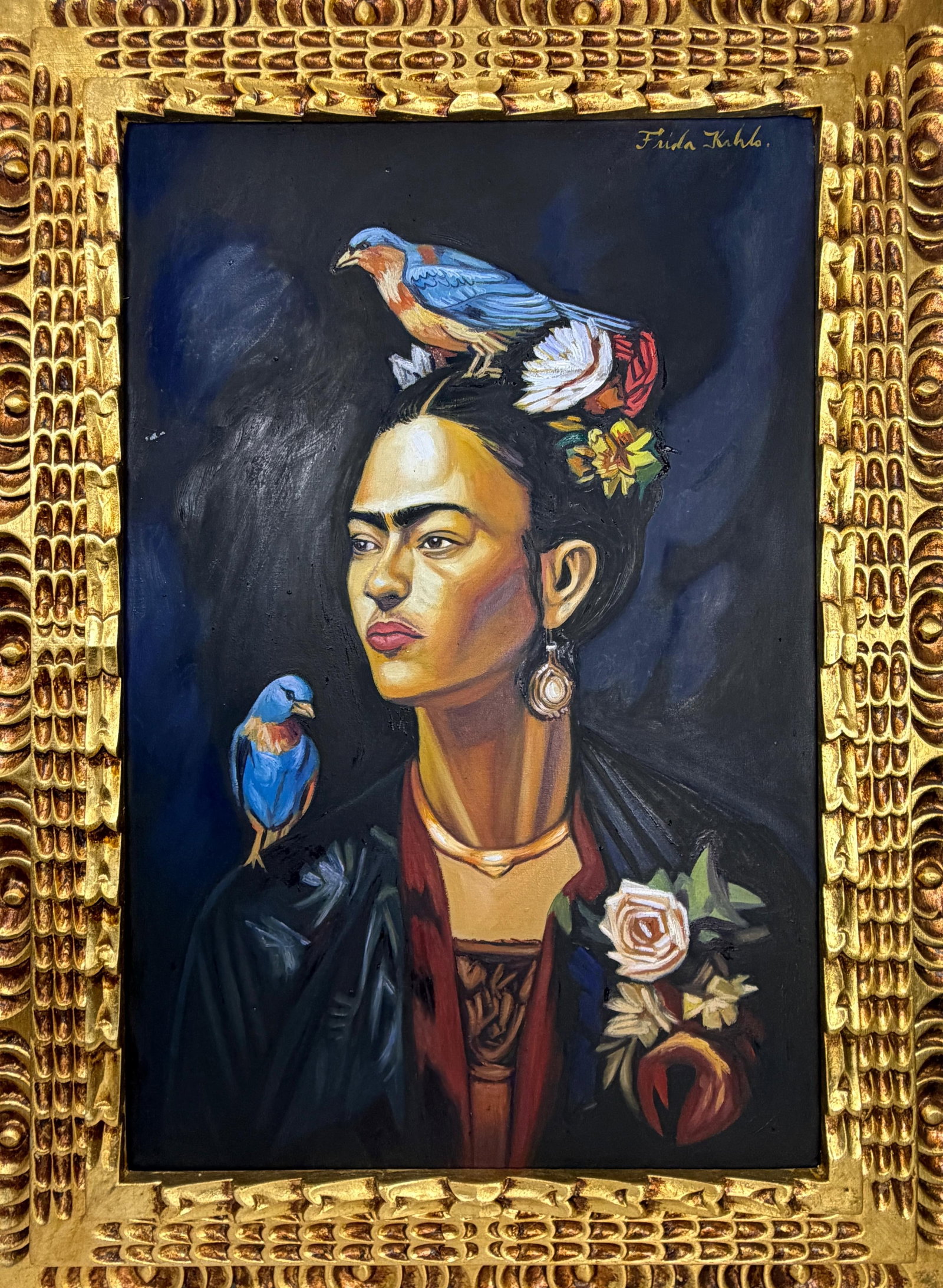 Frida Kahlo Mexican (Oil on Canvas Painting) in the style of: Rendered in the style of Frida Kahlo. Technique: Oil on Canvas painting. Measures: 21 x 29 Inches aprox. Provenance: Private collection. "In the style of" means after the artist. The artwork is framed