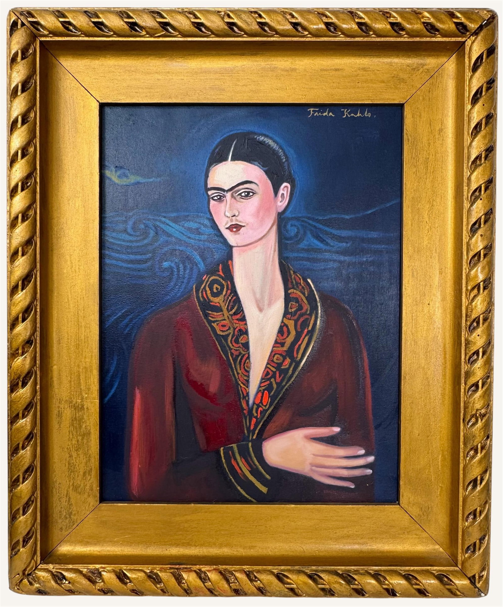 Frida Kahlo Mexican (Oil on Canvas Painting) in the style of: Rendered in the style of Frida Kahlo. Technique: Oil on Canvas painting. Measures: 16.5" x 19.5" Inches aprox. Provenance: Private collection. "In the style of" means after the artist. The artwork is 