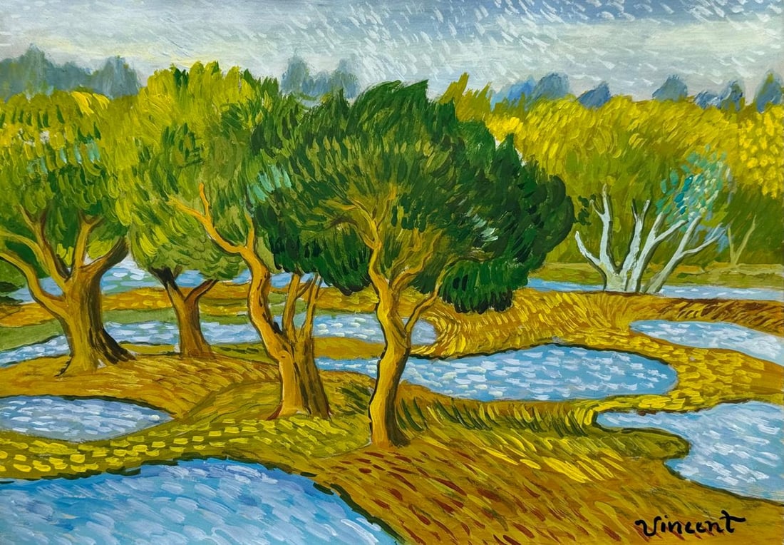 Vincent Van Gogh Dutch (Mixed Media on Paper Painting) In the style of: Mixed media painting on paper, rendered in the style of Vincent Van Gogh. Measures: 8.5” x 12” Inches aprox. Provenance: Private Collection."In the style of" means after the artist. Van Go