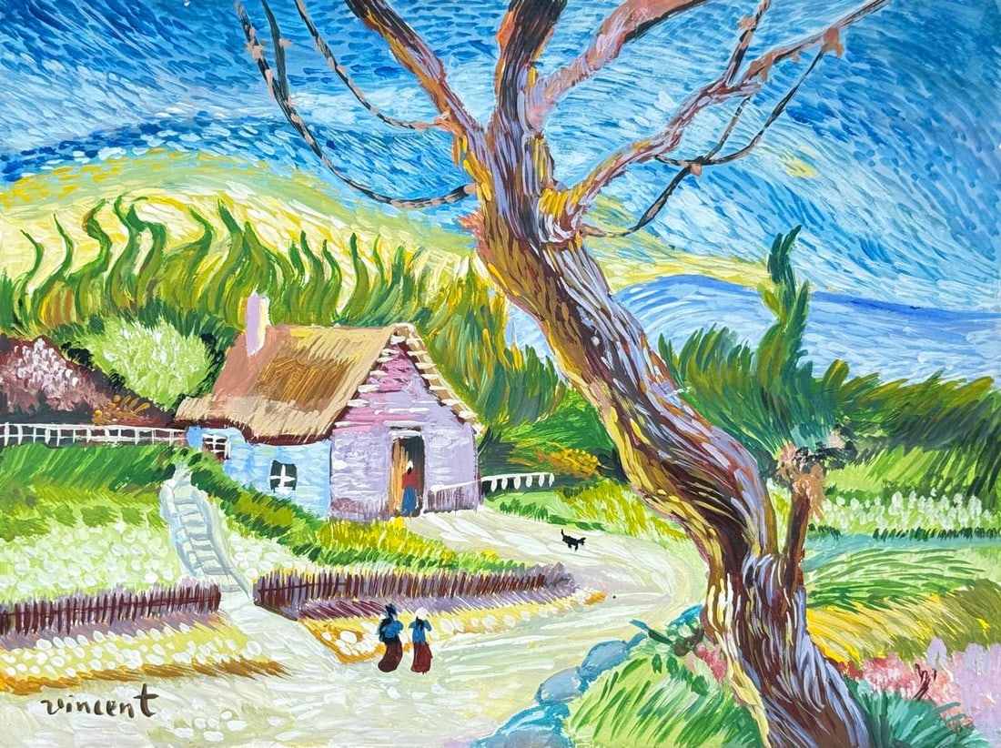 Vincent Van Gogh Dutch (Mixed Media on Paper Painting) In the style of: Mixed media painting on paper, rendered in the style of Vincent Van Gogh. Measures: 8.5” x 11.5” Inches aprox. Provenance: Private Collection."In the style of" means after the artist. Van 