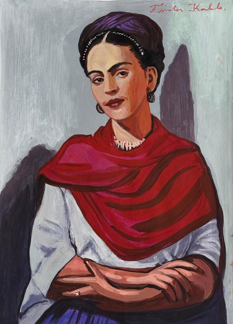 Frida Kahlo Mexican (Mixed media on Paper Painting) In the style of (1 of 4)