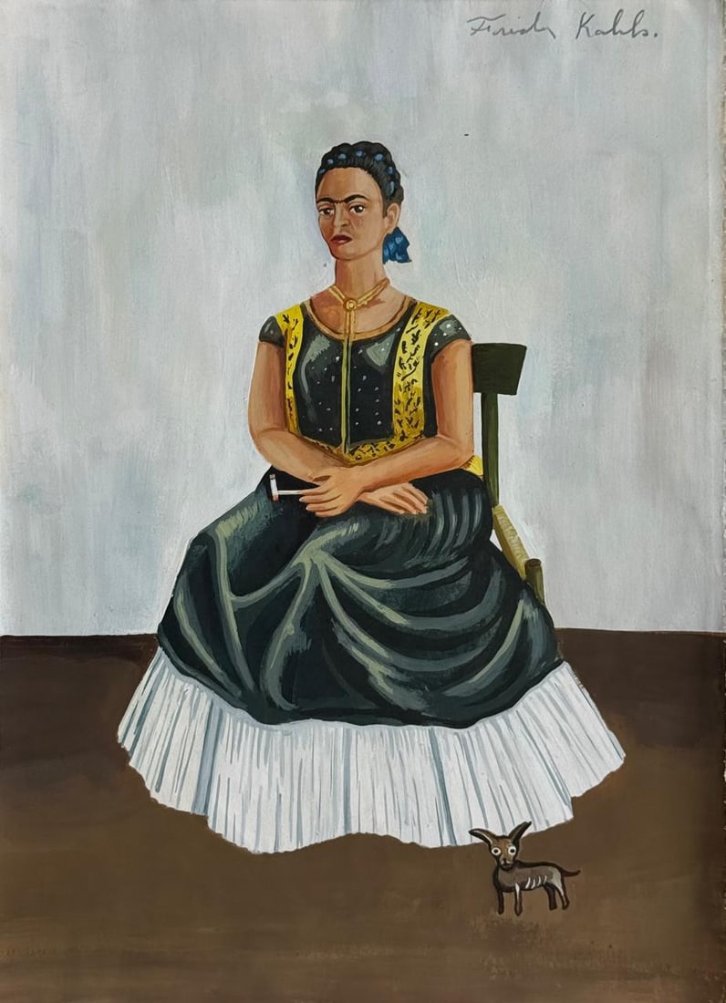 Frida Kahlo Mexican (Mixed media on Paper Painting) In the style of: Mixed media painting on paper, rendered in the style of Frida Kahlo. Measures: 8” x 11” Inches aprox. Provenance: Private Collection. "In the style of" means after the artist. Kahlo lived 