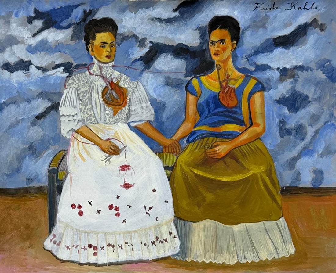 Frida Kahlo Mexican (Mixed media on Paper Painting) In the style of: Mixed media painting on paper, rendered in the style of Frida Kahlo. Measures: 9” x 11” Inches aprox. Provenance: Private Collection. "In the style of" means after the artist. Kahlo lived 