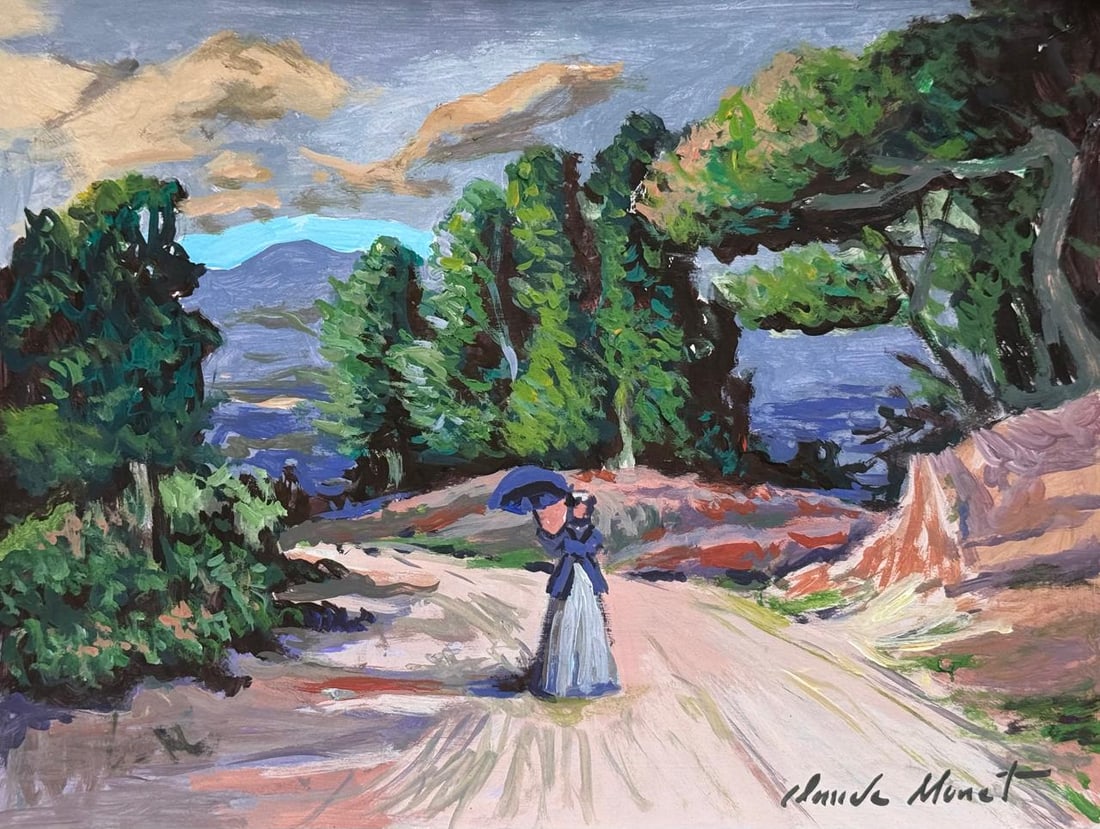 Claude Monet French (Mixed media on Paper Painting) In the style of: Mixed media painting on paper, rendered in the style of Claude Monet. Measures: 8.5” x 11” Inches aprox. Provenance: Private Collection."In the style of" means after the artist. Monet live